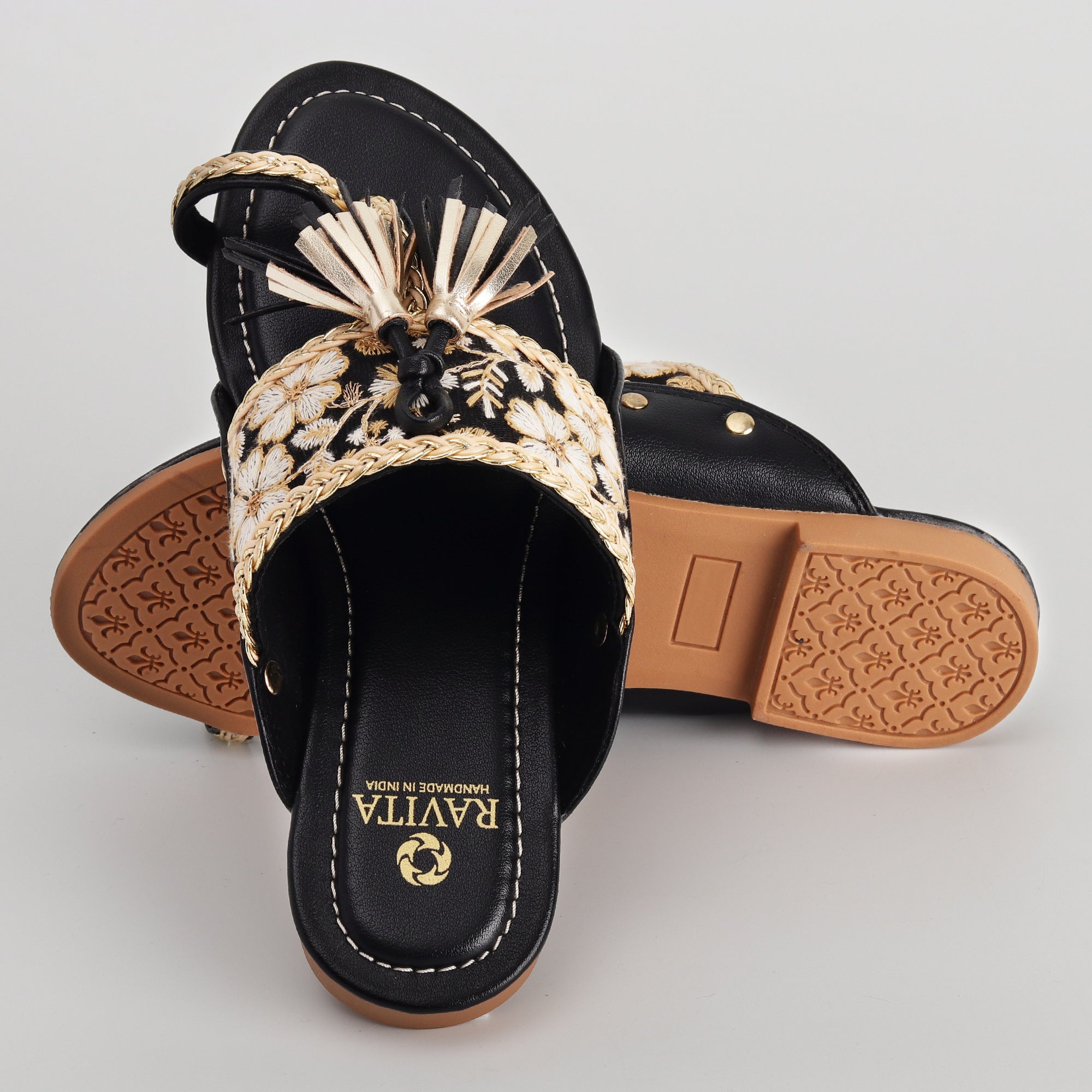Women’s Kolhapuri Chappal with Black Lace & Floral Embroidery - Ethnic Party Wear Flats