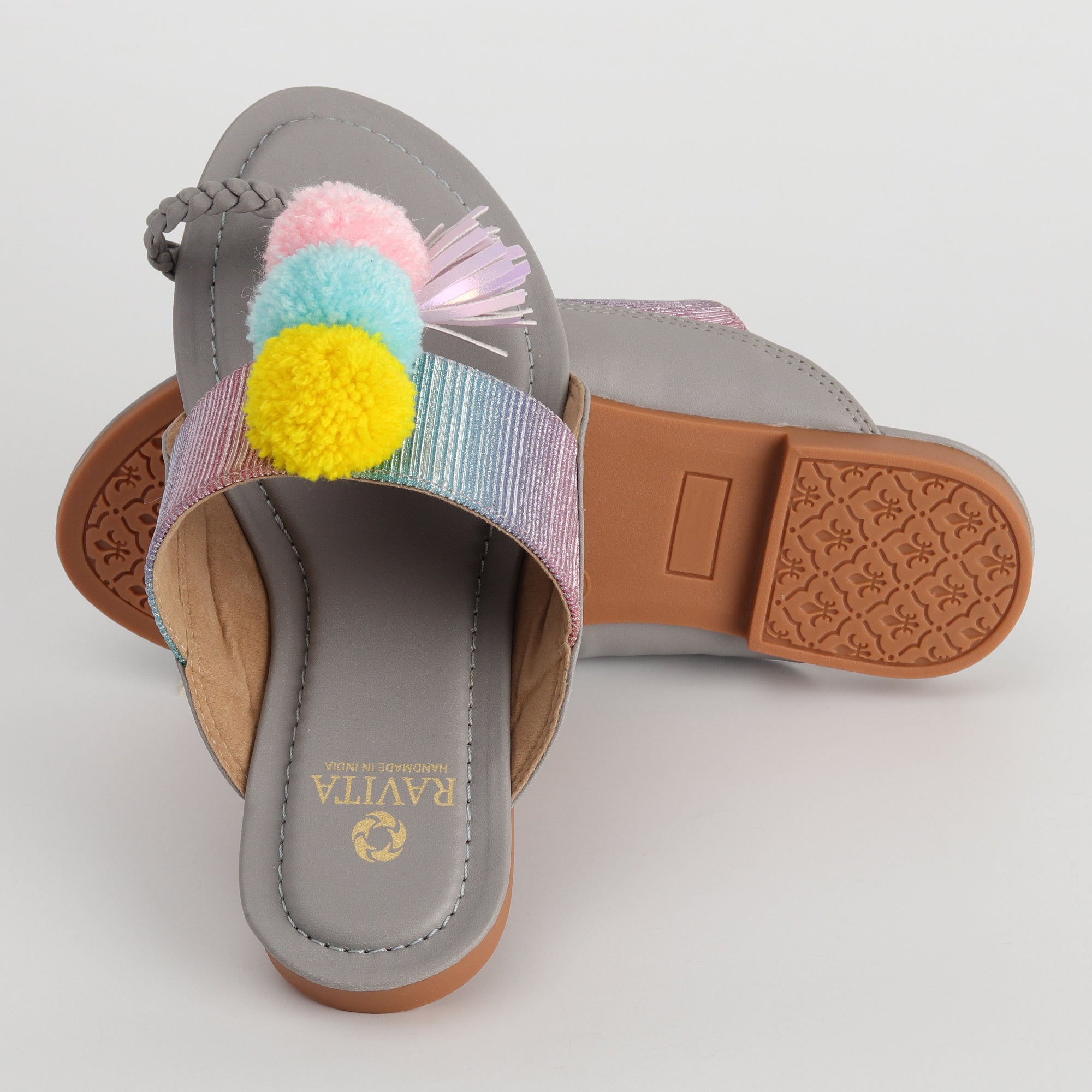 Women’s Kolhapuri Chappal with Multicolor Pompom & Tassels - Festive & Party Wear Sandals