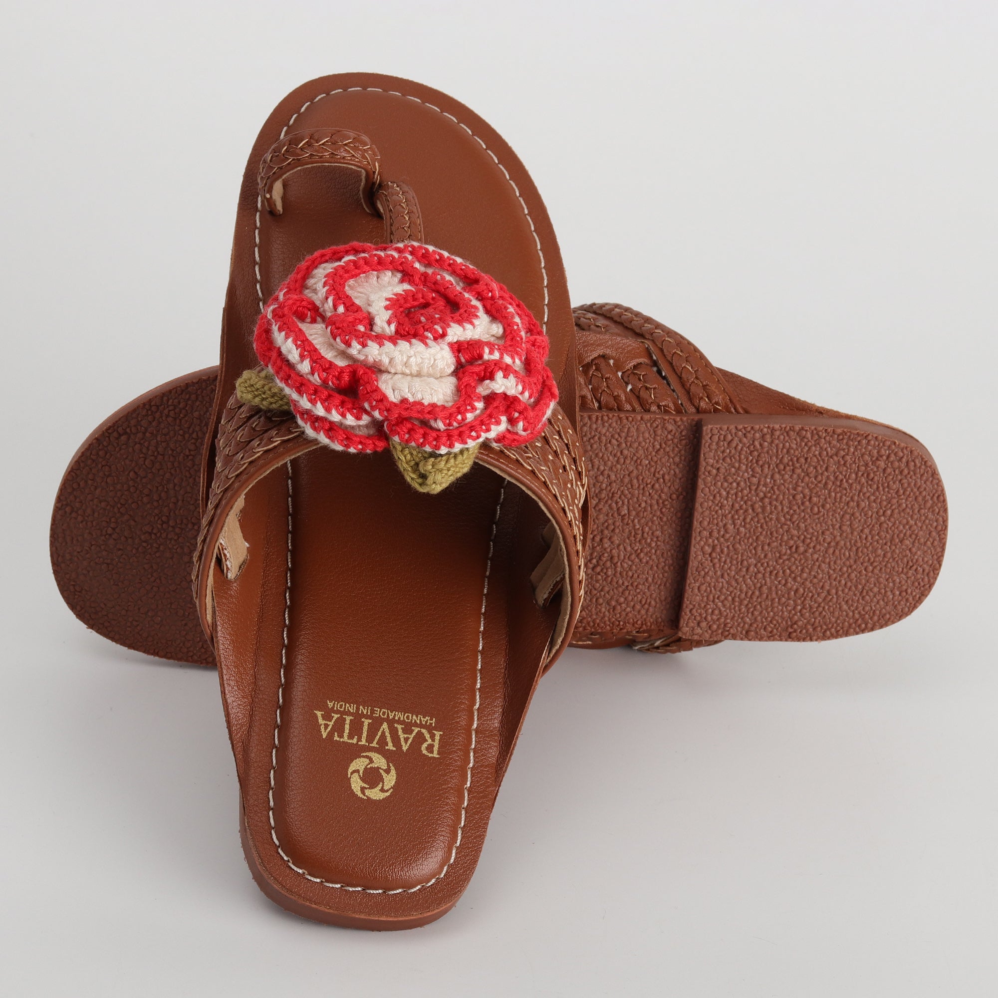 Women’s Kolhapuri Chappal with Crochet Flower - Casual & Party Wear Flats