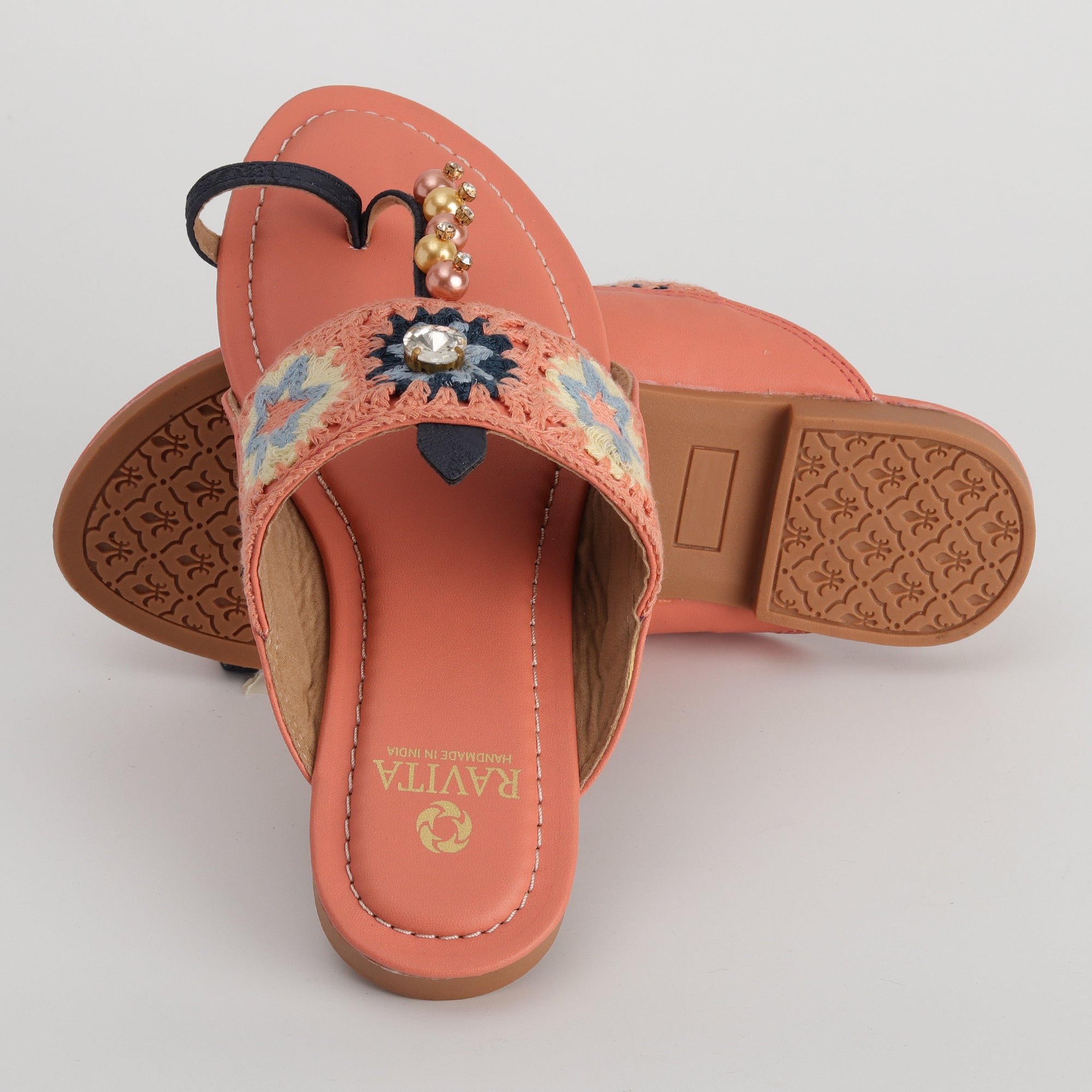 Women’s Kolhapuri Chappal with Crochet Lace & Sparkling bead Work - Ethnic & Party Wear Sandals