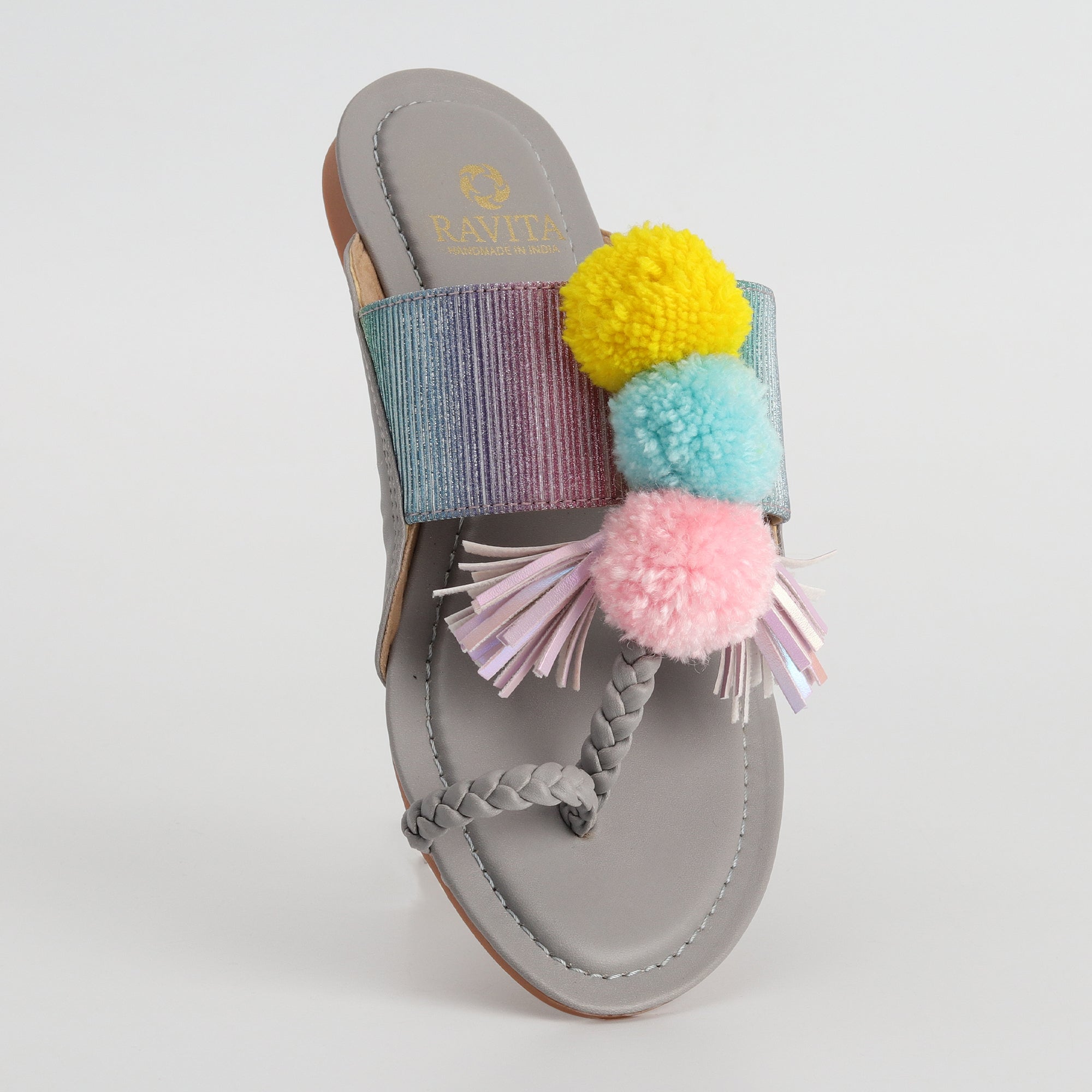 Women’s Kolhapuri Chappal with Multicolor Pompom & Tassels - Festive & Party Wear Sandals