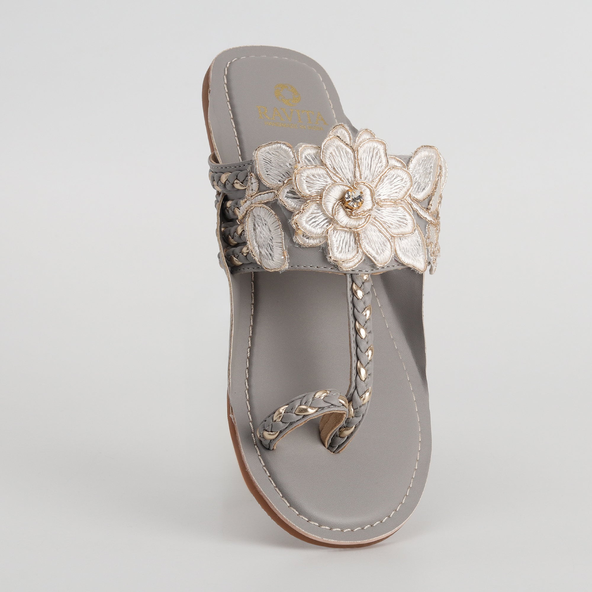 Women’s Grey Kolhapuri Chappal with 3D Flower Design - Festive & Party Wear Flats