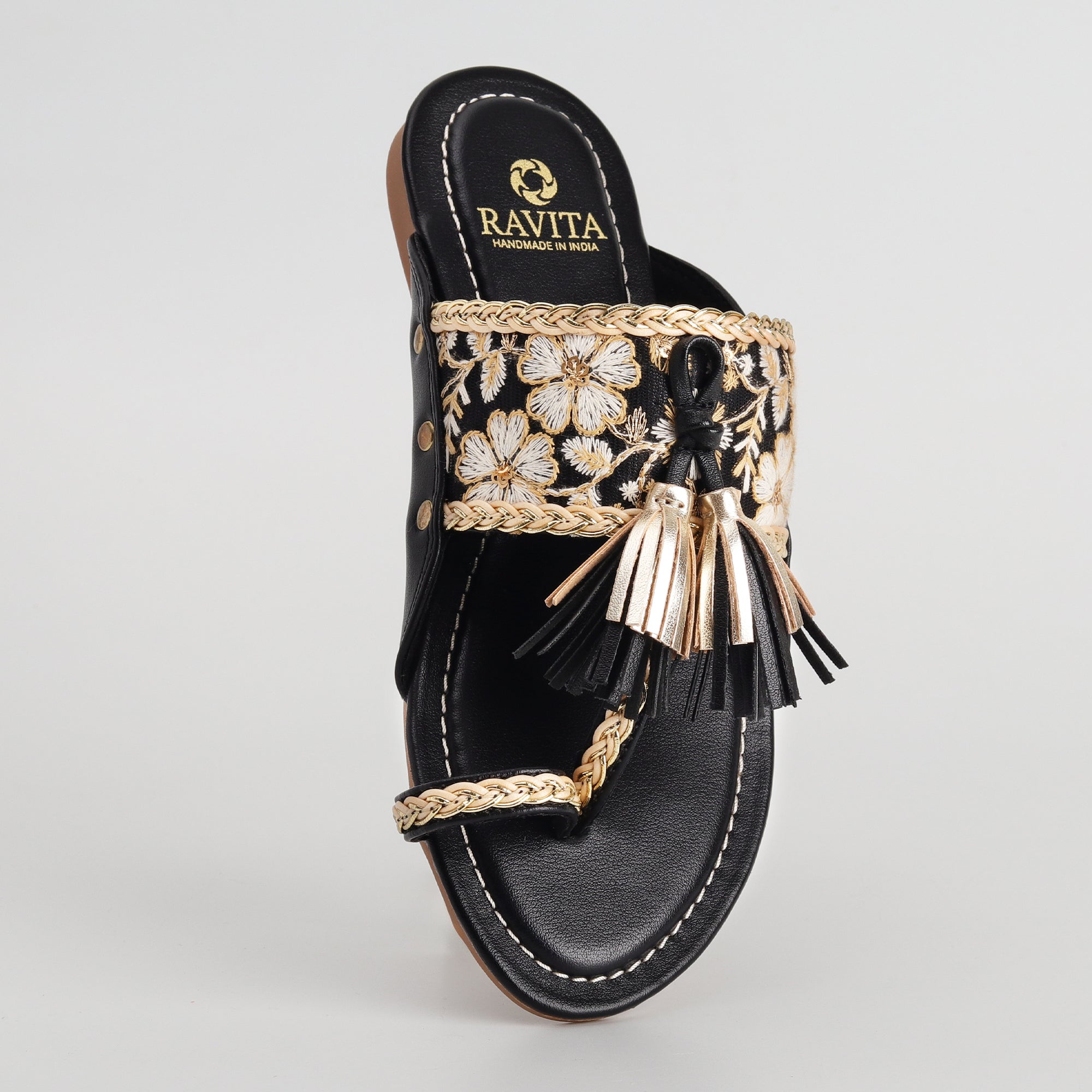 Women’s Kolhapuri Chappal with Black Lace & Floral Embroidery - Ethnic Party Wear Flats