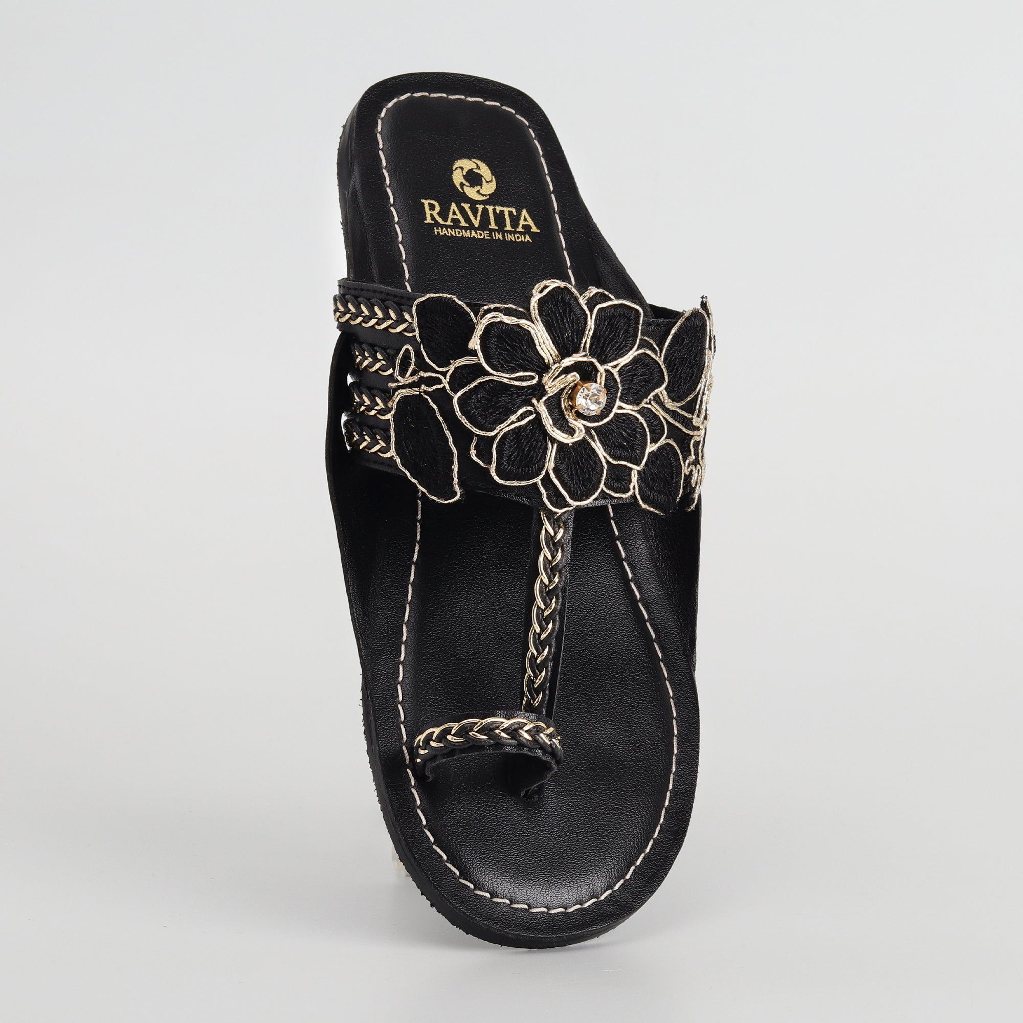 Women’s Black Kolhapuri Chappal with 3D Flower Design - Festive & Party Wear Flats