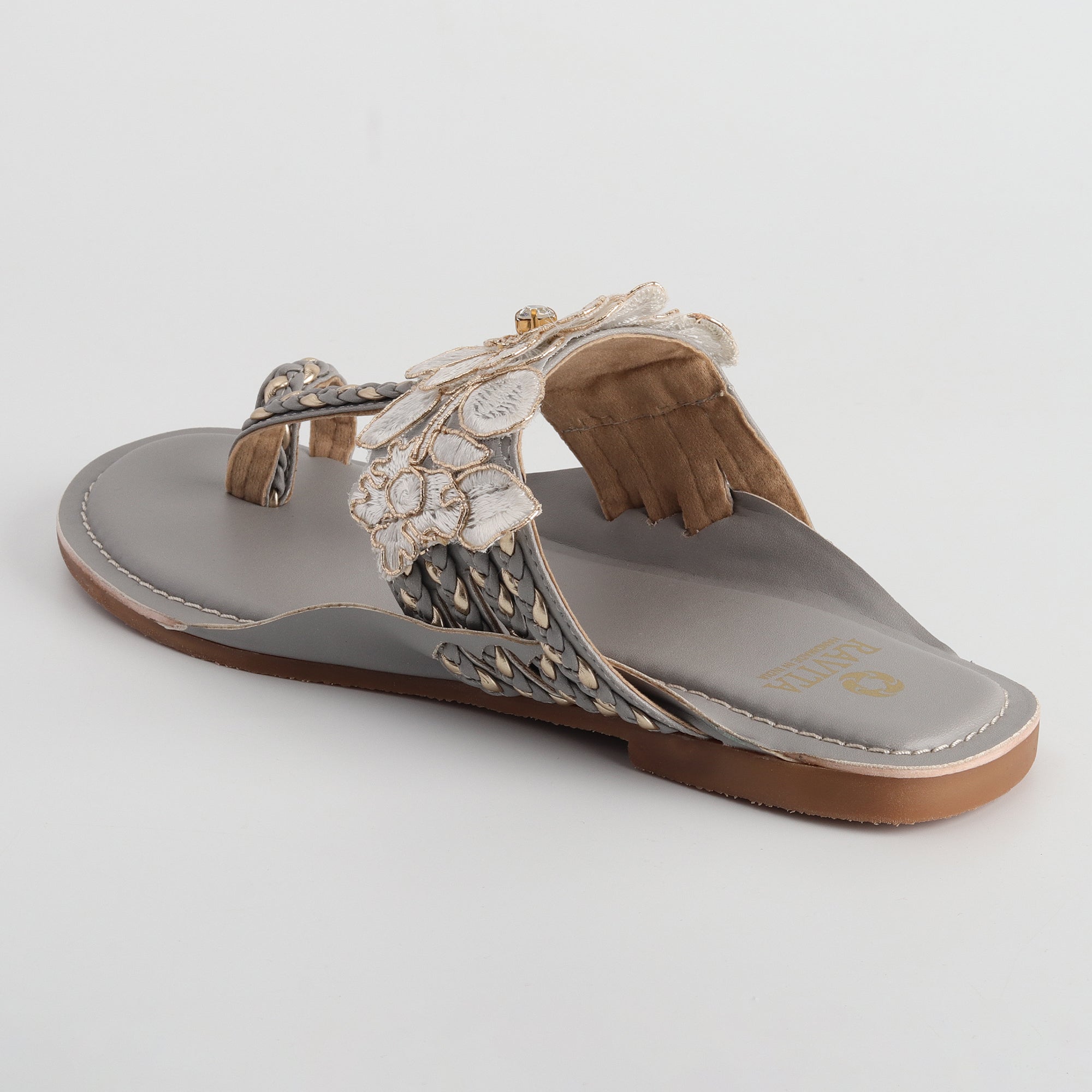 Women’s Grey Kolhapuri Chappal with 3D Flower Design - Festive & Party Wear Flats