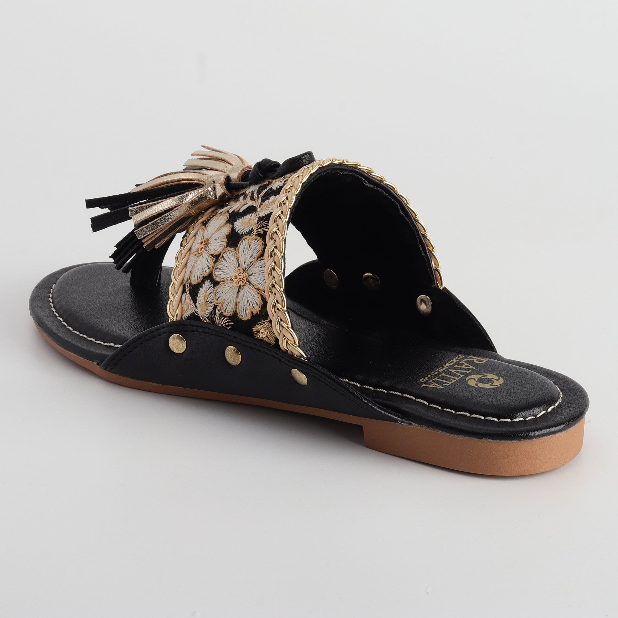 Women’s Kolhapuri Chappal with Black Lace & Floral Embroidery - Ethnic Party Wear Flats