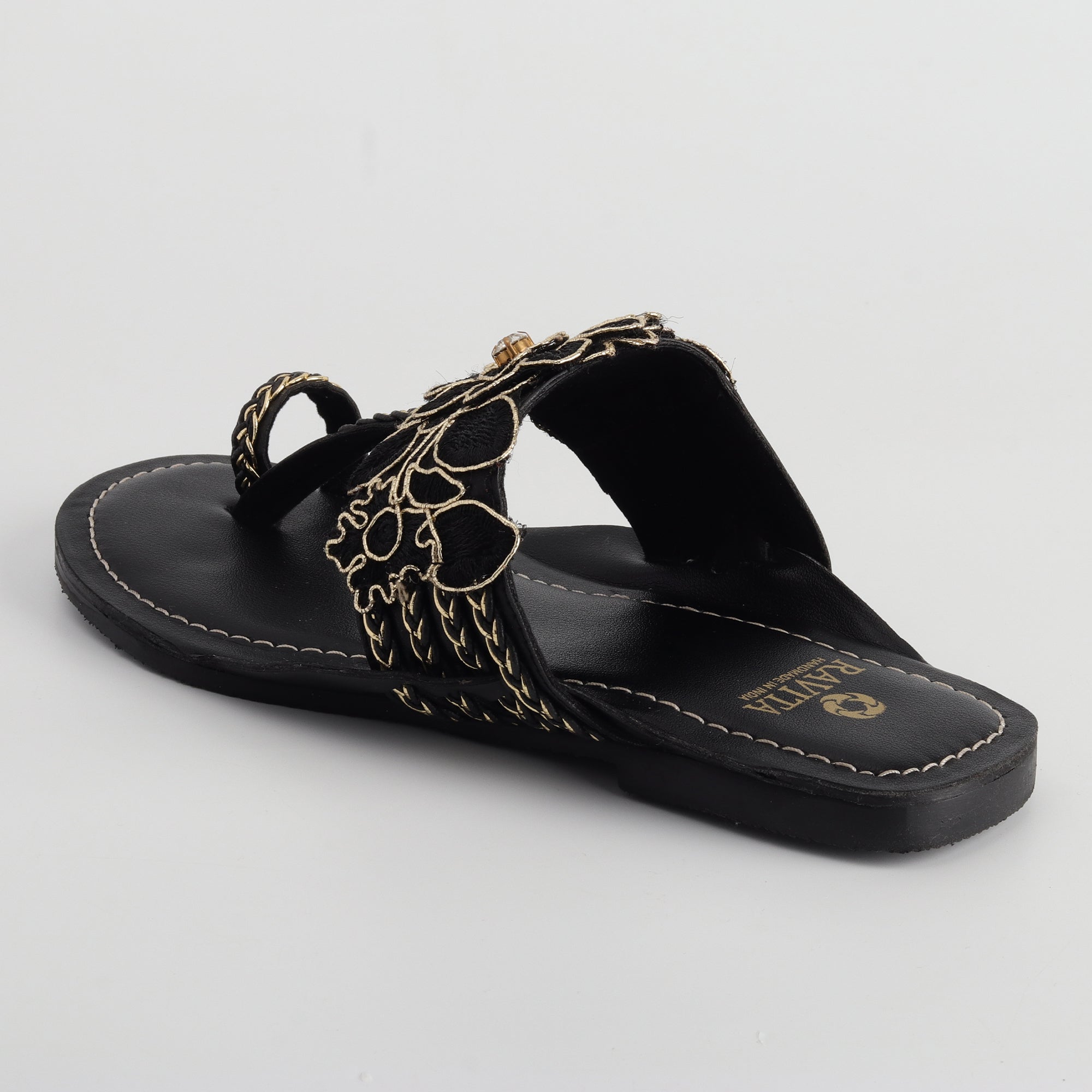 Women’s Black Kolhapuri Chappal with 3D Flower Design - Festive & Party Wear Flats