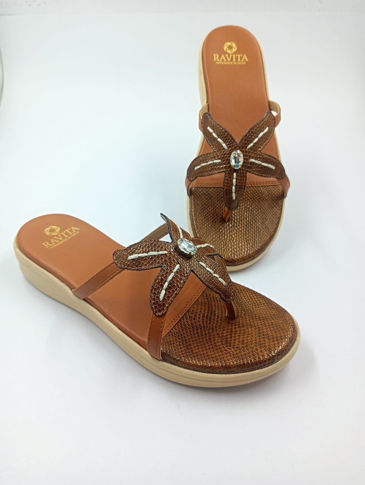 Starfish Rhinestone Textured Brown Comfort Wedges