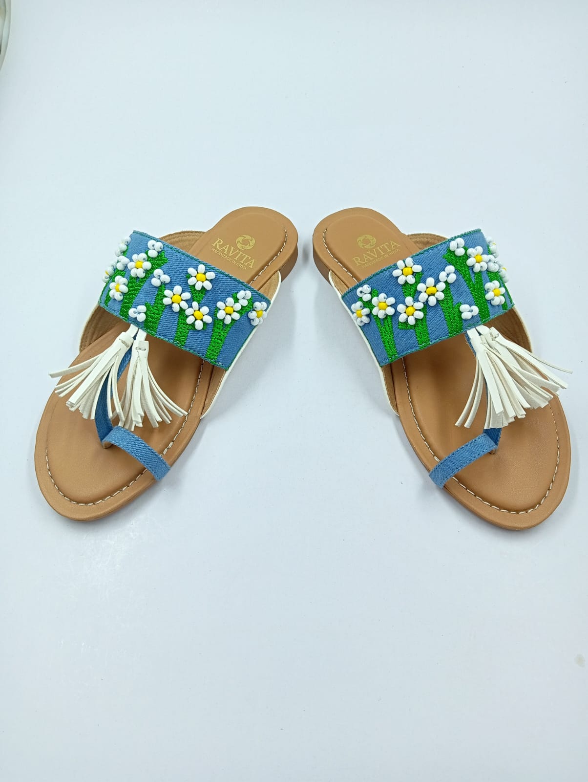 Beaded white daisy Denim Kolhapuri Chappal
