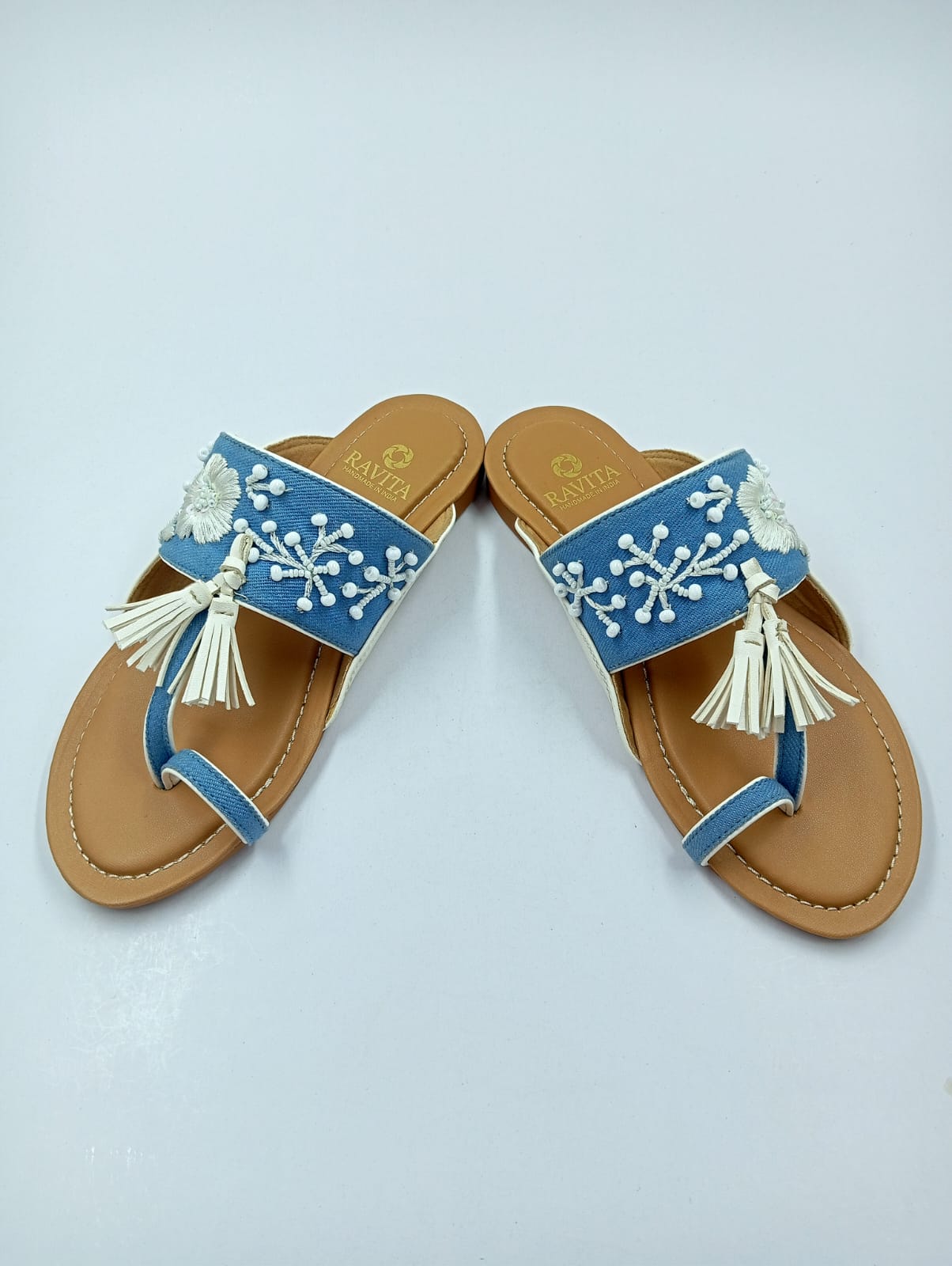 White Floral Embroidered & Beaded Denim Toe-Ring Kolhapuri Chappal