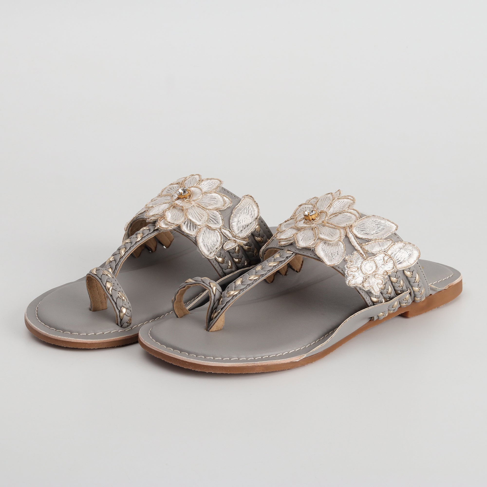 Women’s Grey Kolhapuri Chappal with 3D Flower Design - Festive & Party Wear Flats