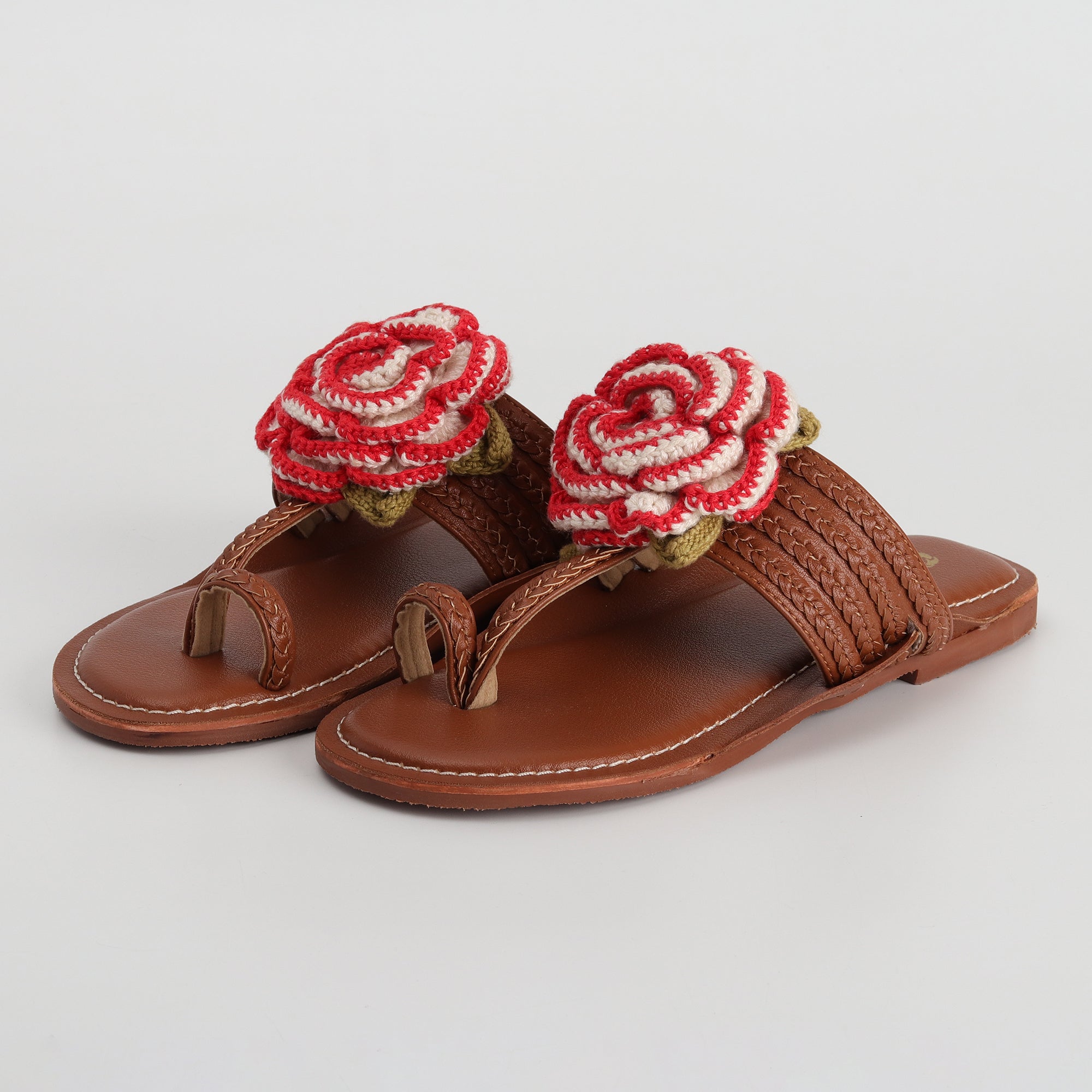 Women’s Kolhapuri Chappal with Crochet Flower - Casual & Party Wear Flats