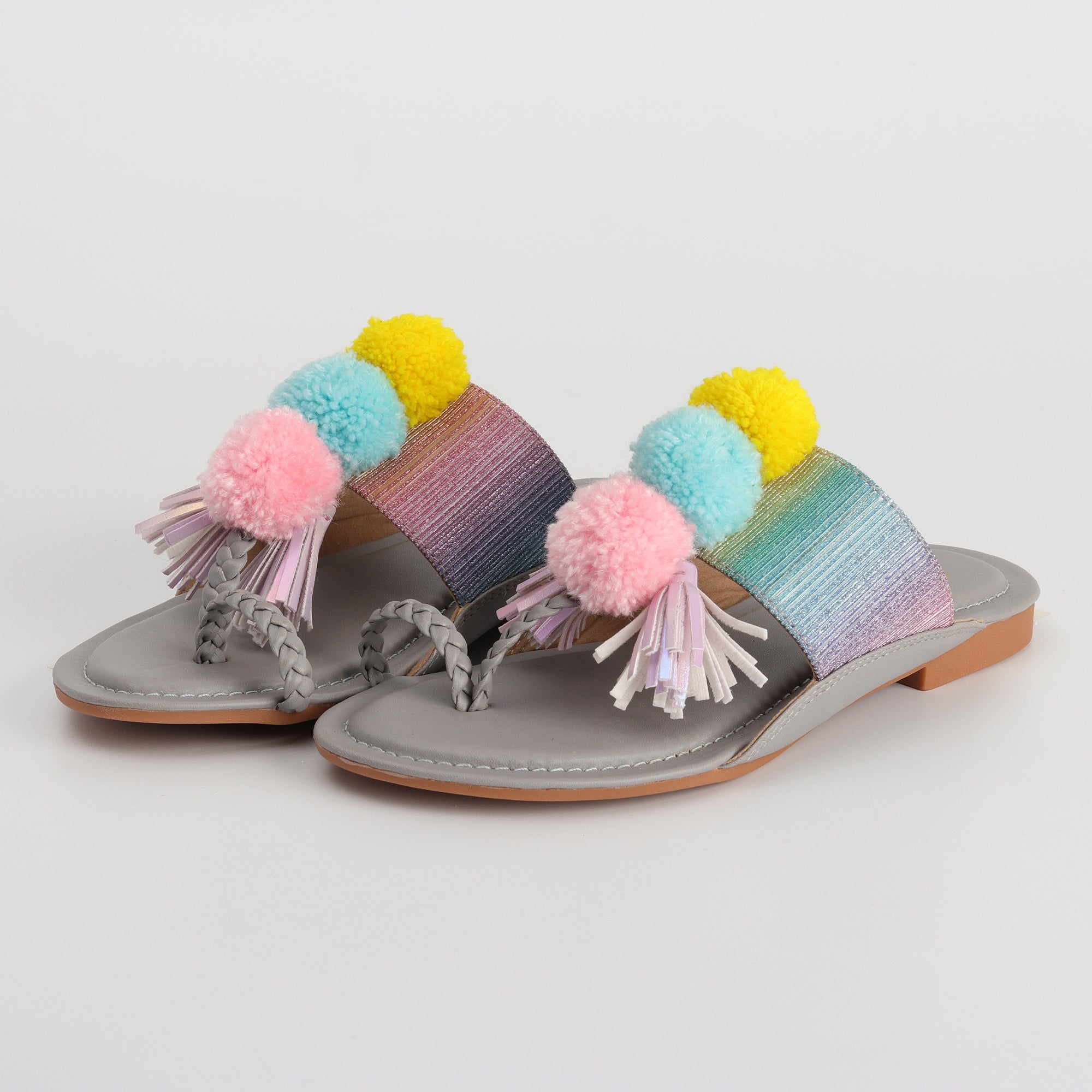 Women’s Kolhapuri Chappal with Multicolor Pompom & Tassels - Festive & Party Wear Sandals