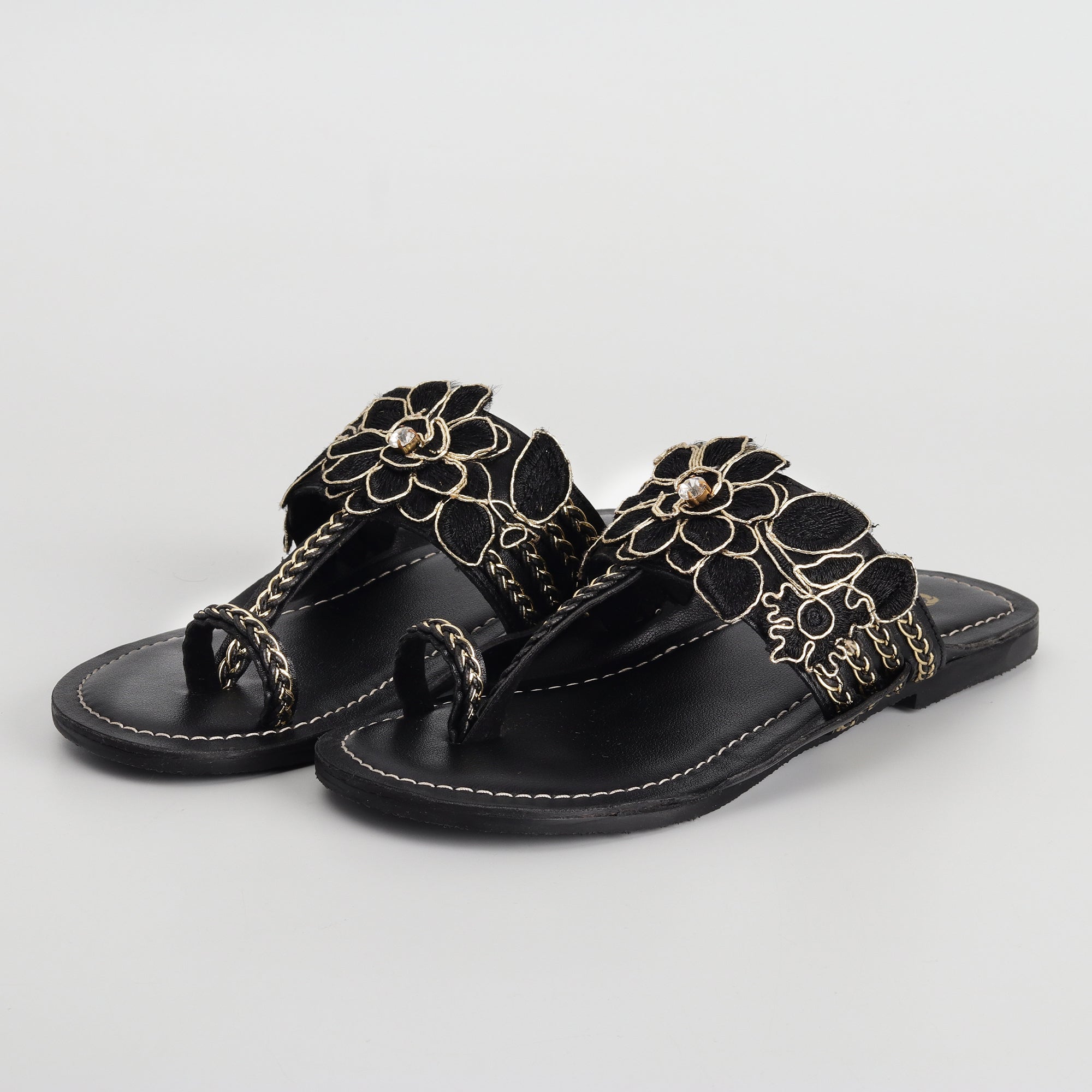 Women’s Black Kolhapuri Chappal with 3D Flower Design - Festive & Party Wear Flats