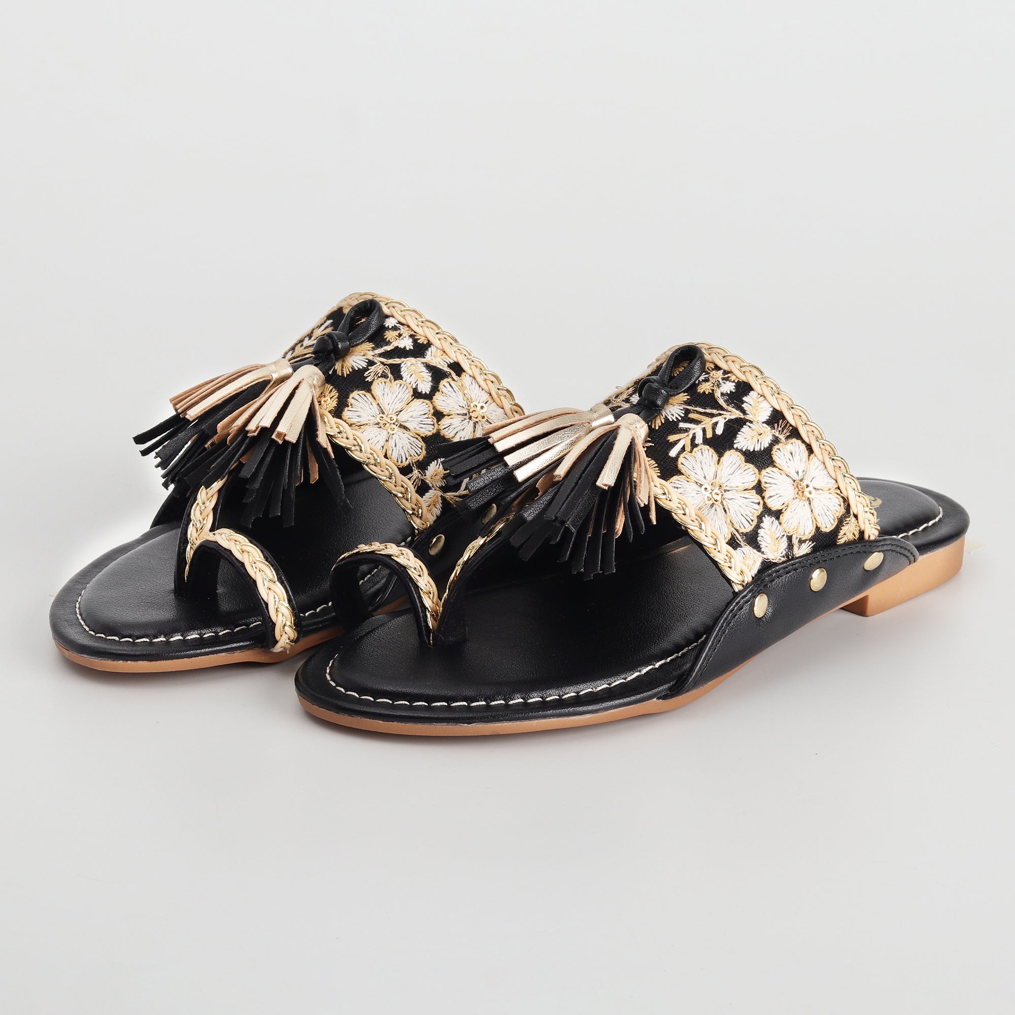 Women’s Kolhapuri Chappal with Black Lace & Floral Embroidery - Ethnic Party Wear Flats