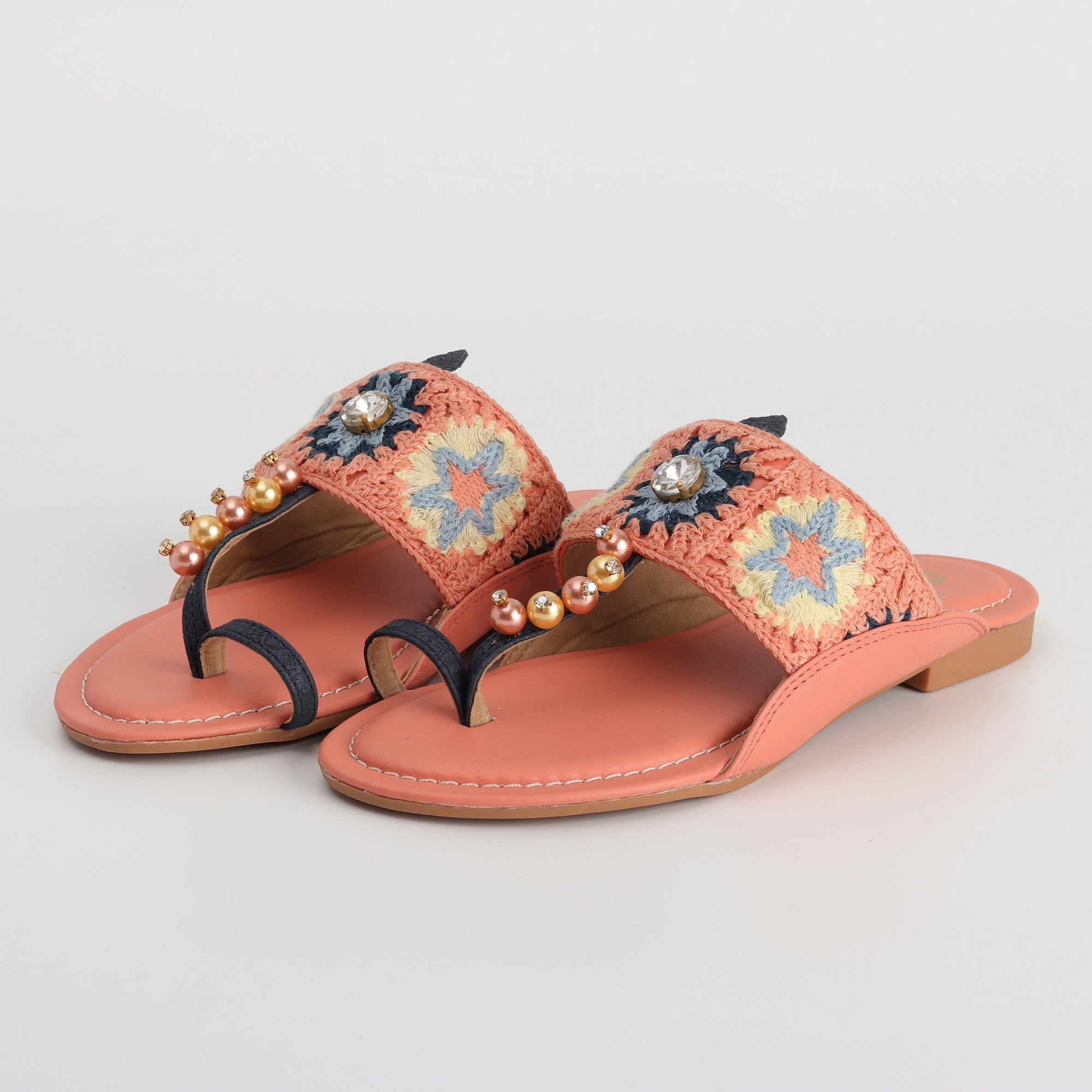 Women’s Kolhapuri Chappal with Crochet Lace & Sparkling bead Work - Ethnic & Party Wear Sandals