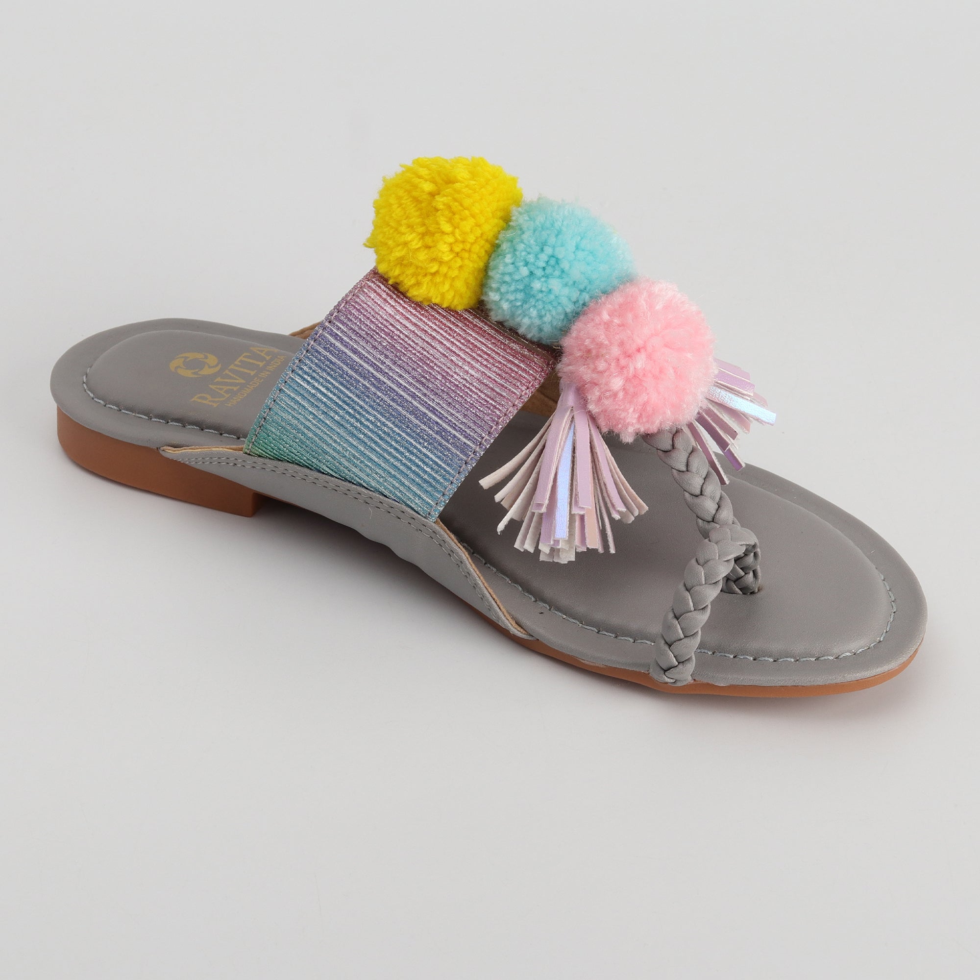 Women’s Kolhapuri Chappal with Multicolor Pompom & Tassels - Festive & Party Wear Sandals