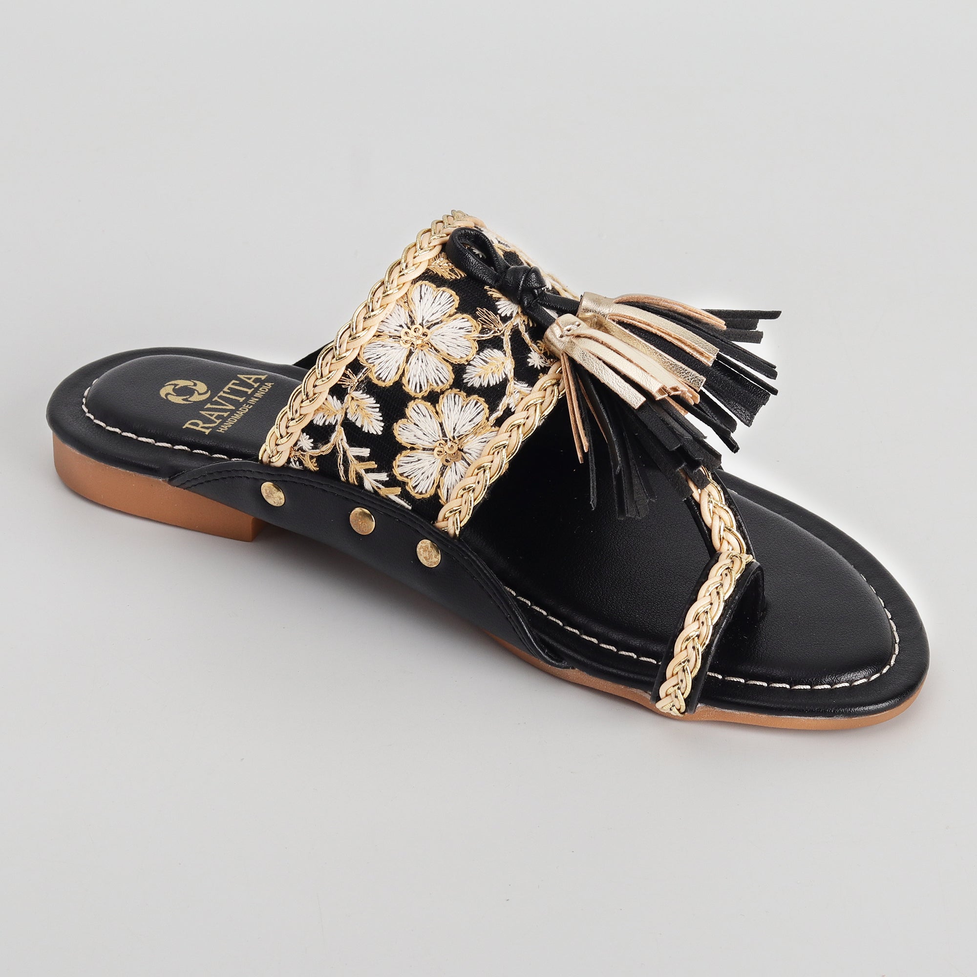 Women’s Kolhapuri Chappal with Black Lace & Floral Embroidery - Ethnic Party Wear Flats