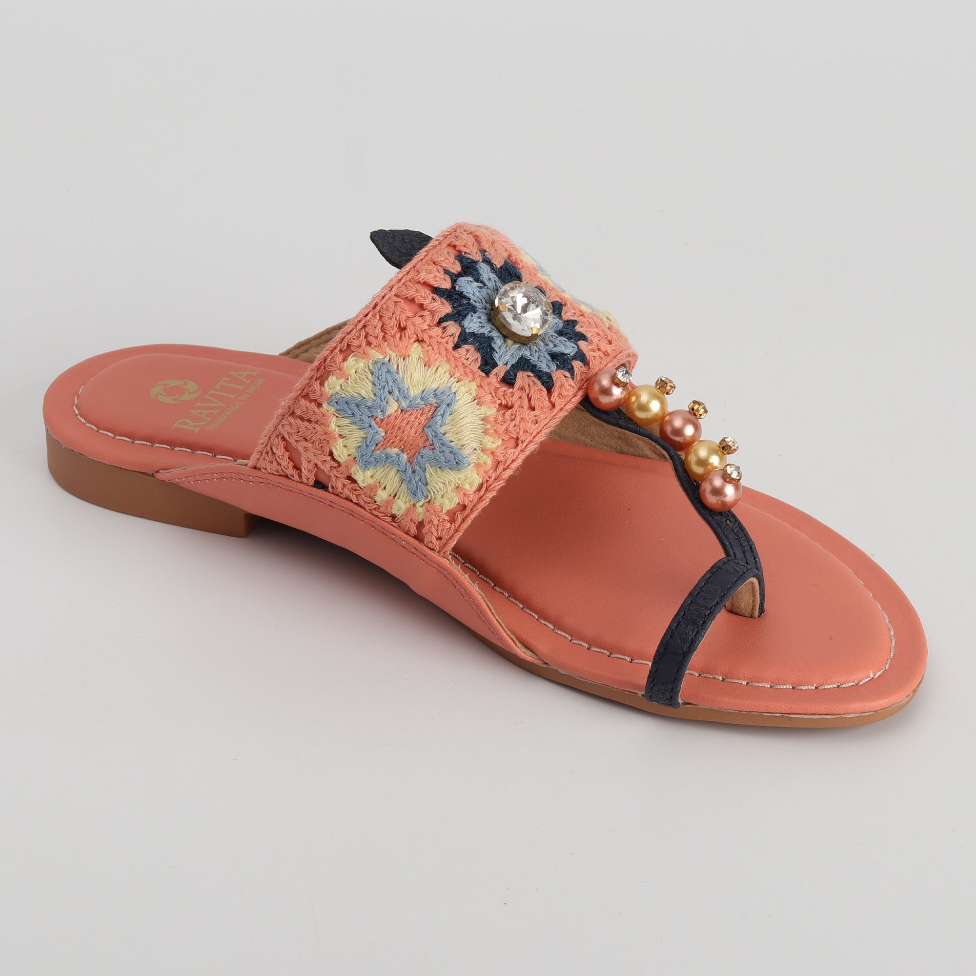 Women’s Kolhapuri Chappal with Crochet Lace & Sparkling bead Work - Ethnic & Party Wear Sandals