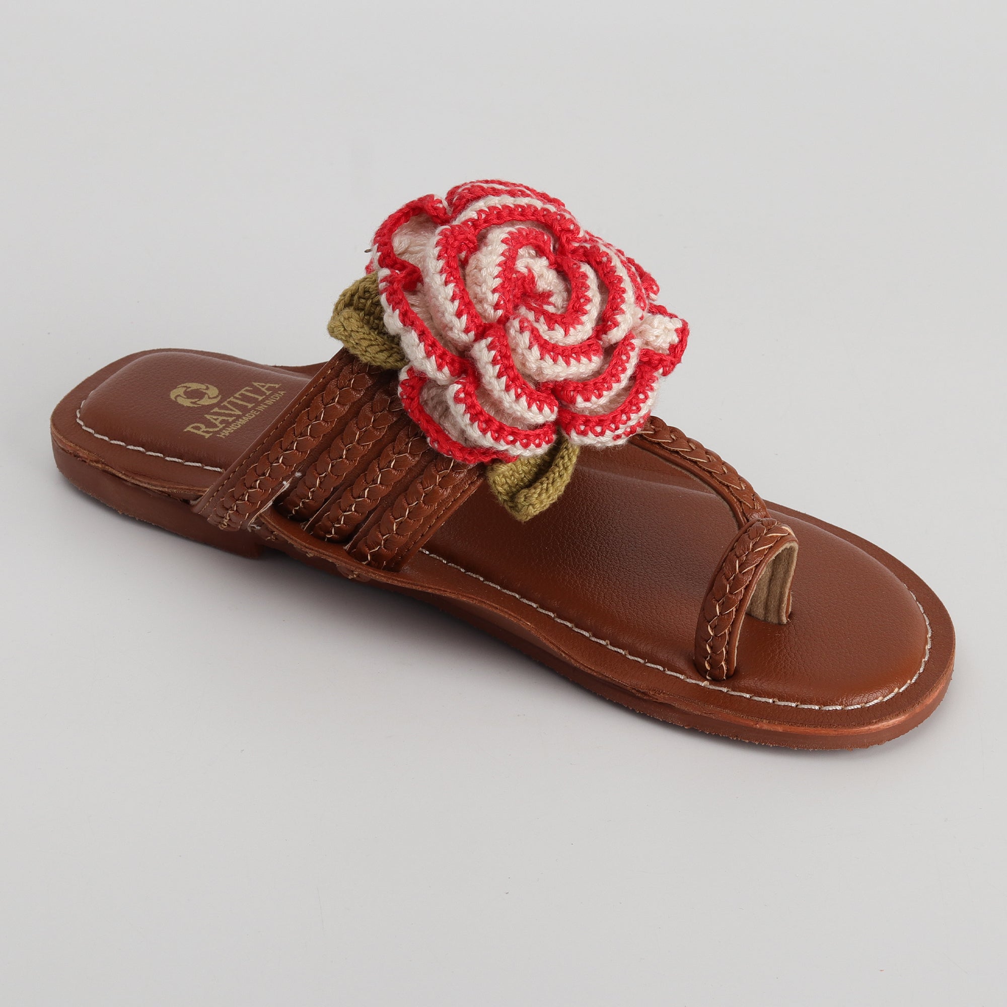 Women’s Kolhapuri Chappal with Crochet Flower - Casual & Party Wear Flats