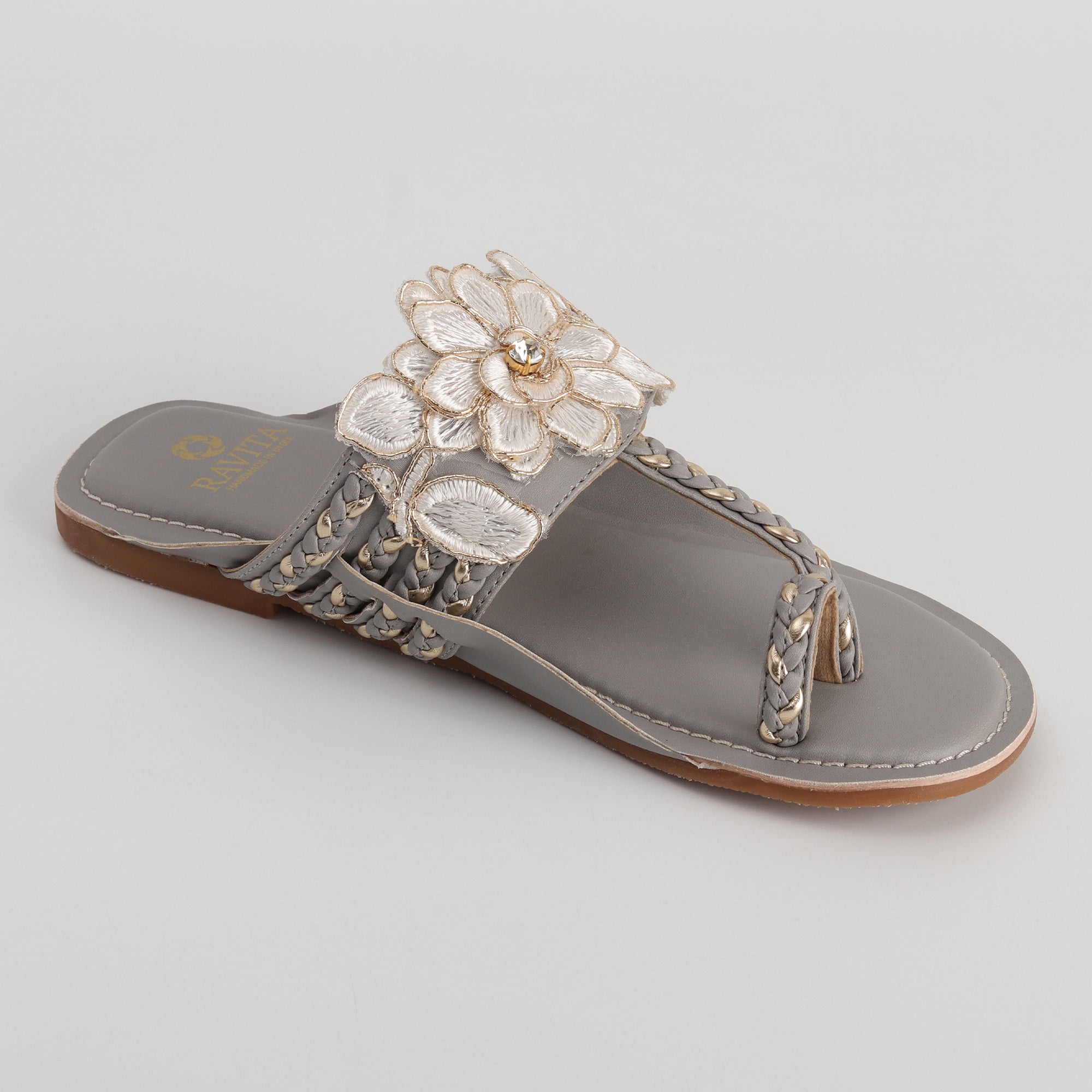 Women’s Grey Kolhapuri Chappal with 3D Flower Design - Festive & Party Wear Flats