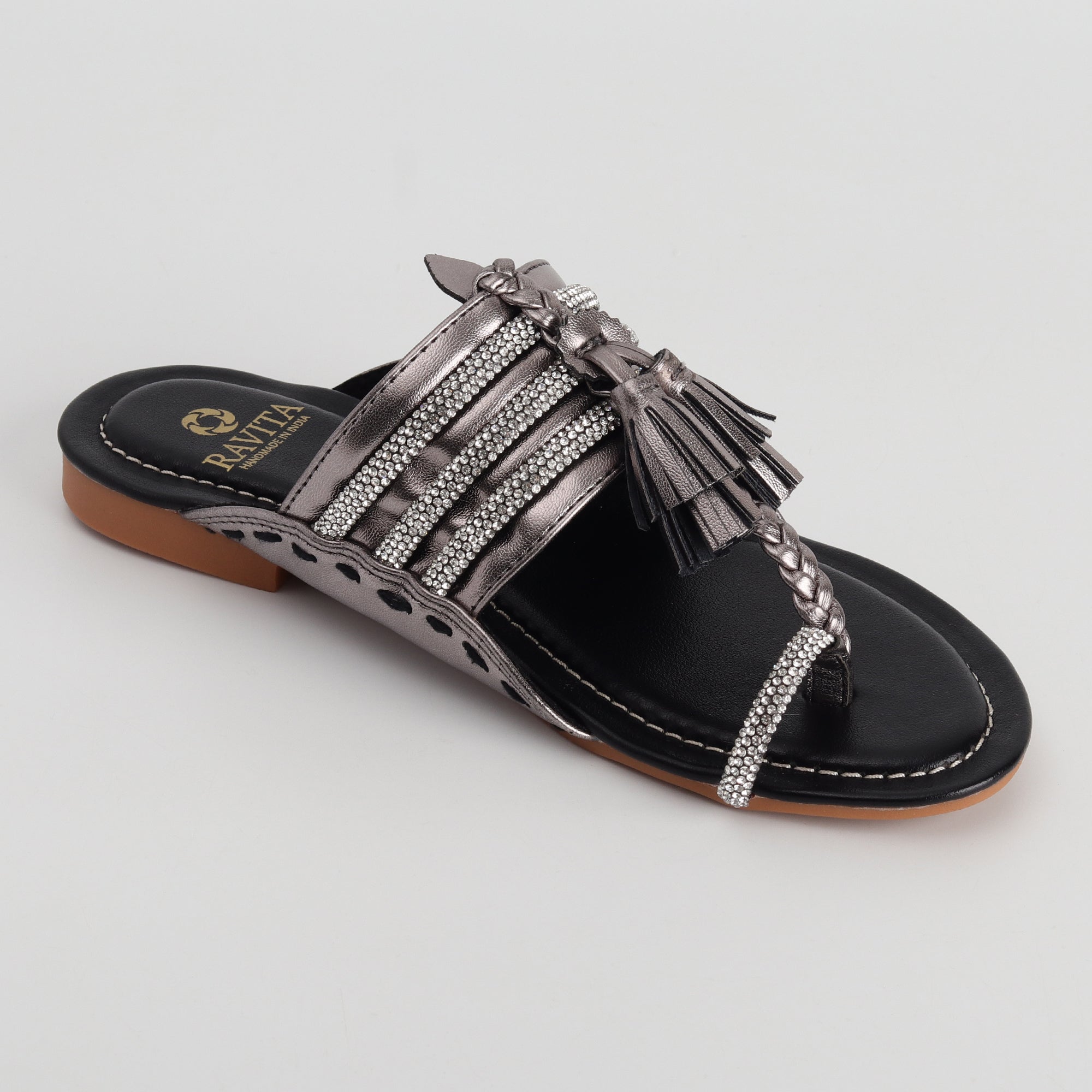 Women’s Kolhapuri Chappal with Rhinestone Work & Tassel - Festive Wear Ethnic Sandals