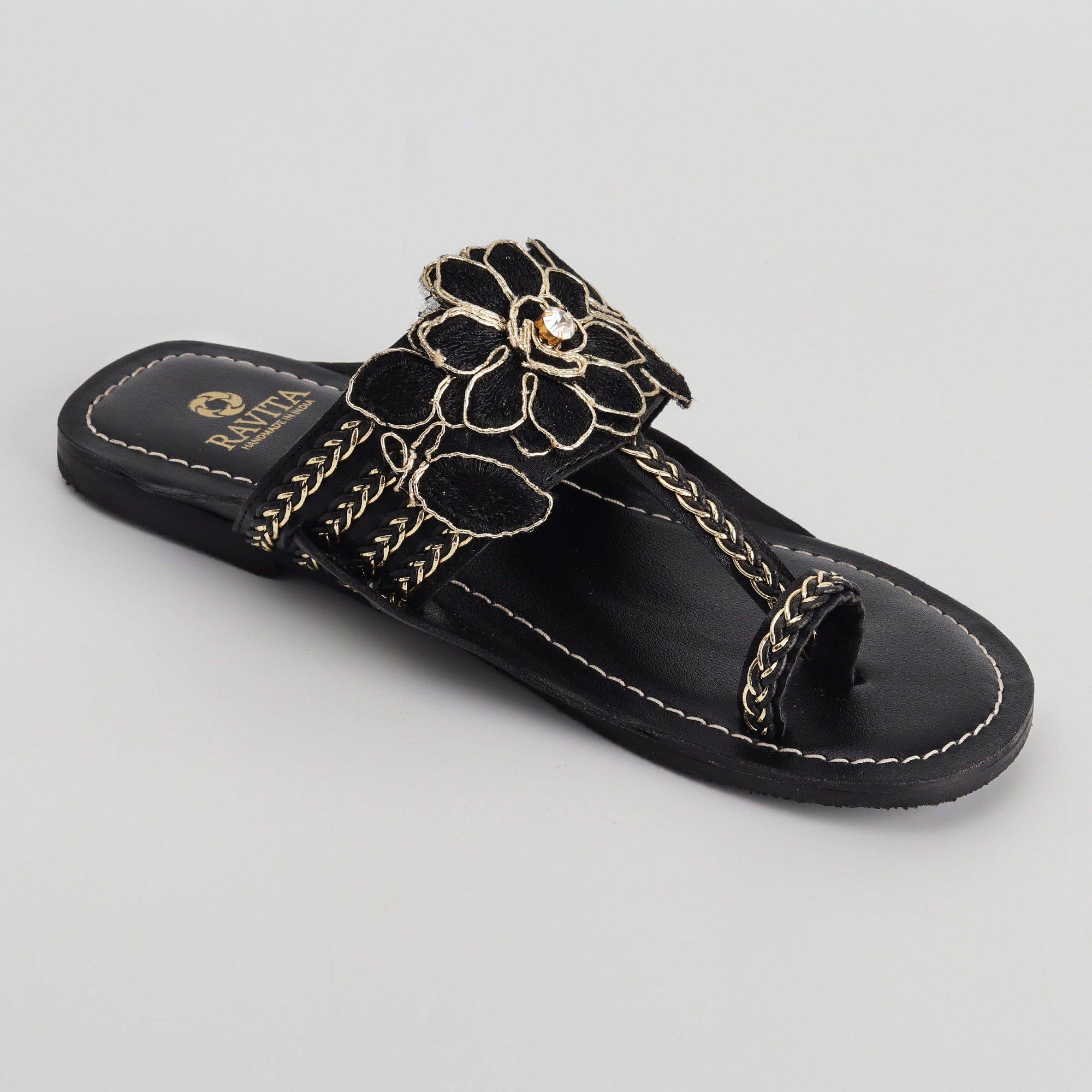 Women’s Black Kolhapuri Chappal with 3D Flower Design - Festive & Party Wear Flats