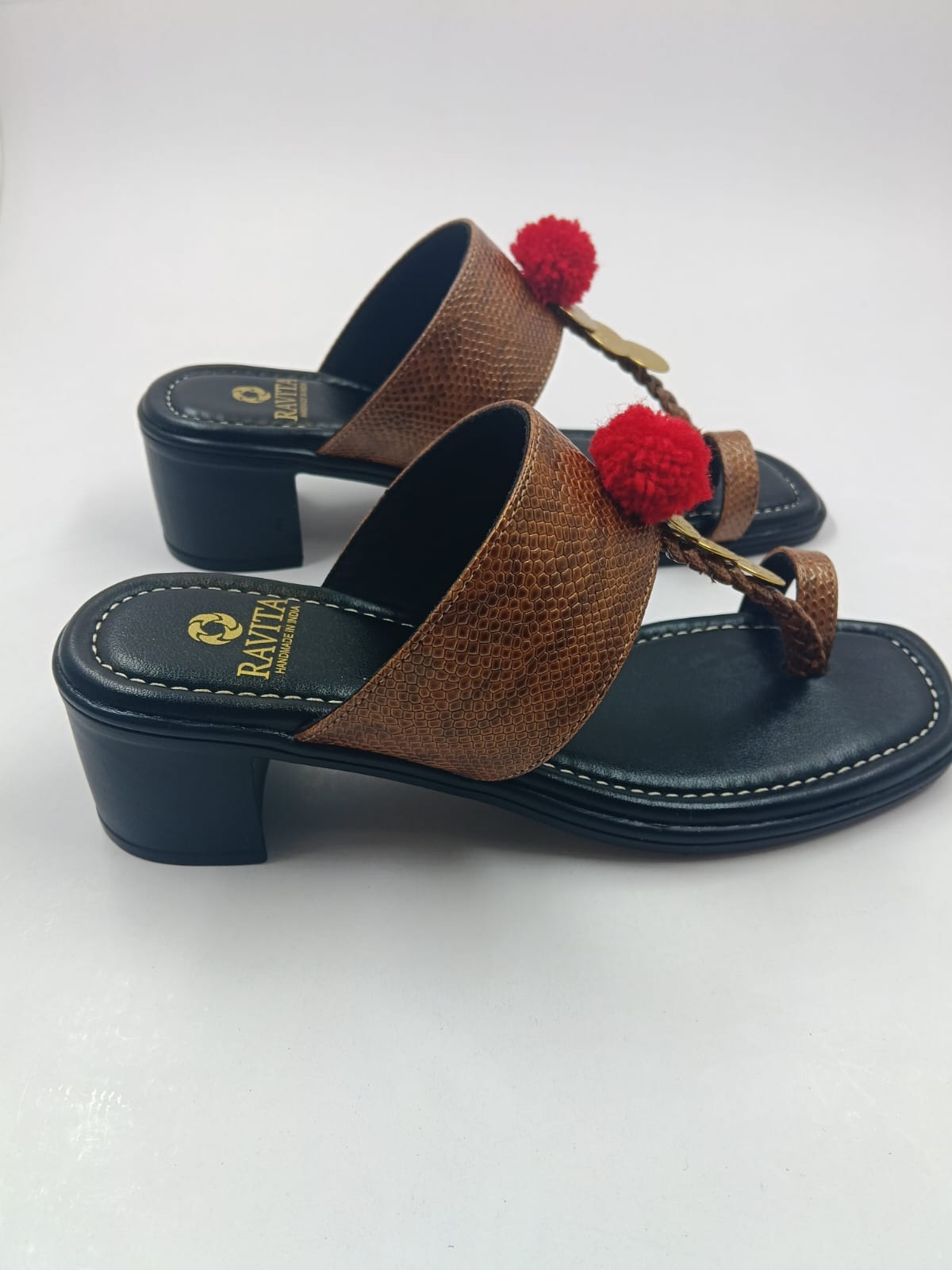 Textured Brown Coin & Pom-Pom Block Heel Sandals