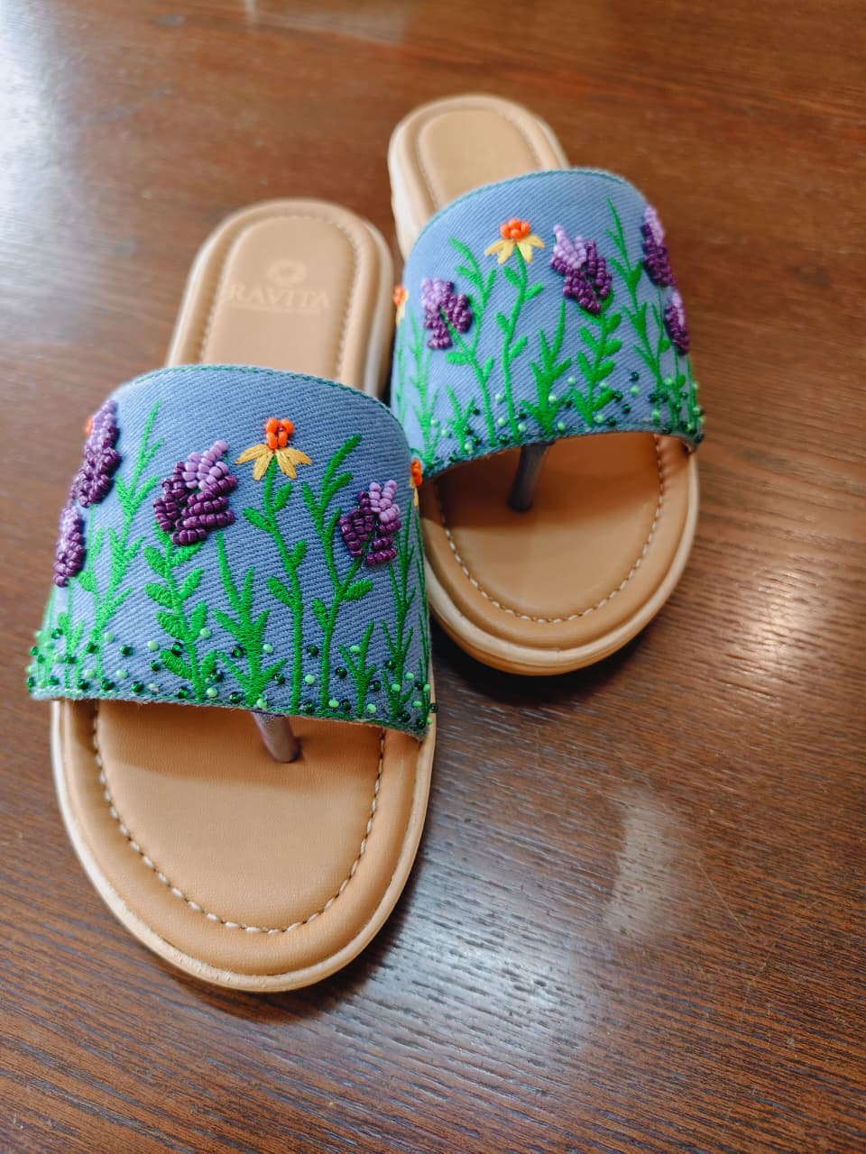 Lavender Floral Embroidered Denim Toe-Thong Sandals