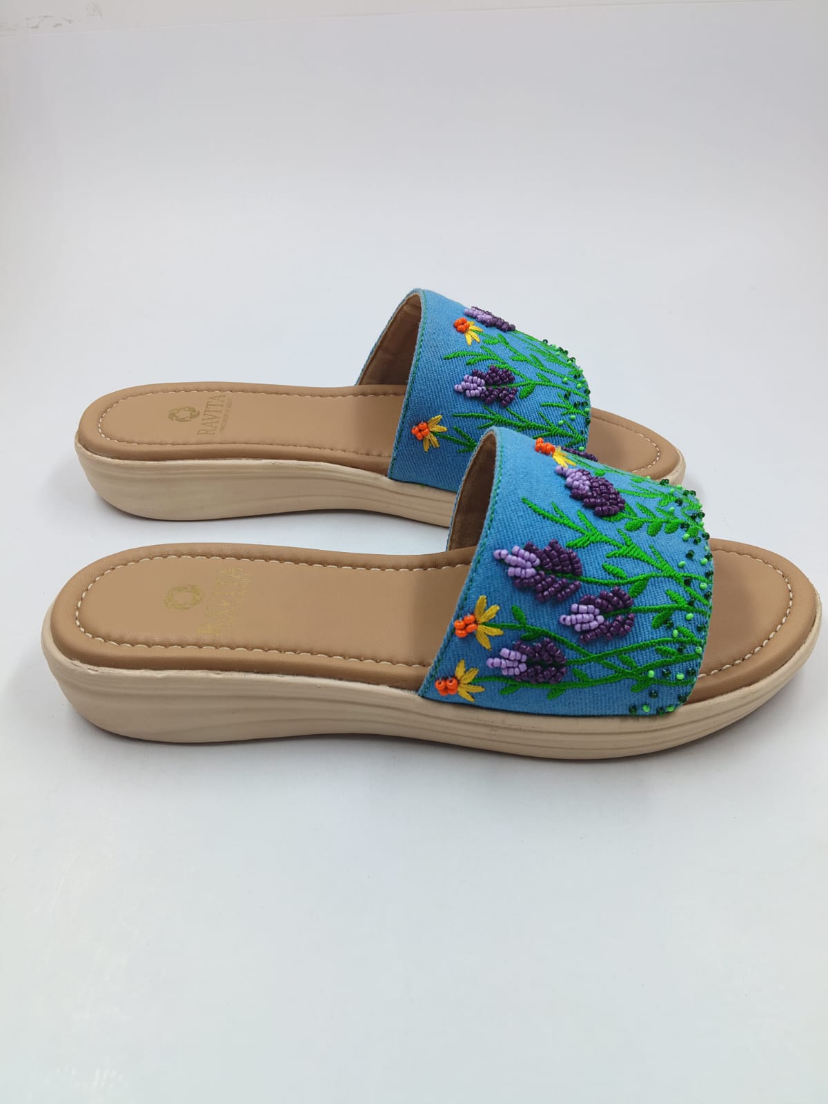 Lavender Floral Embroidered Denim Toe-Thong Sandals
