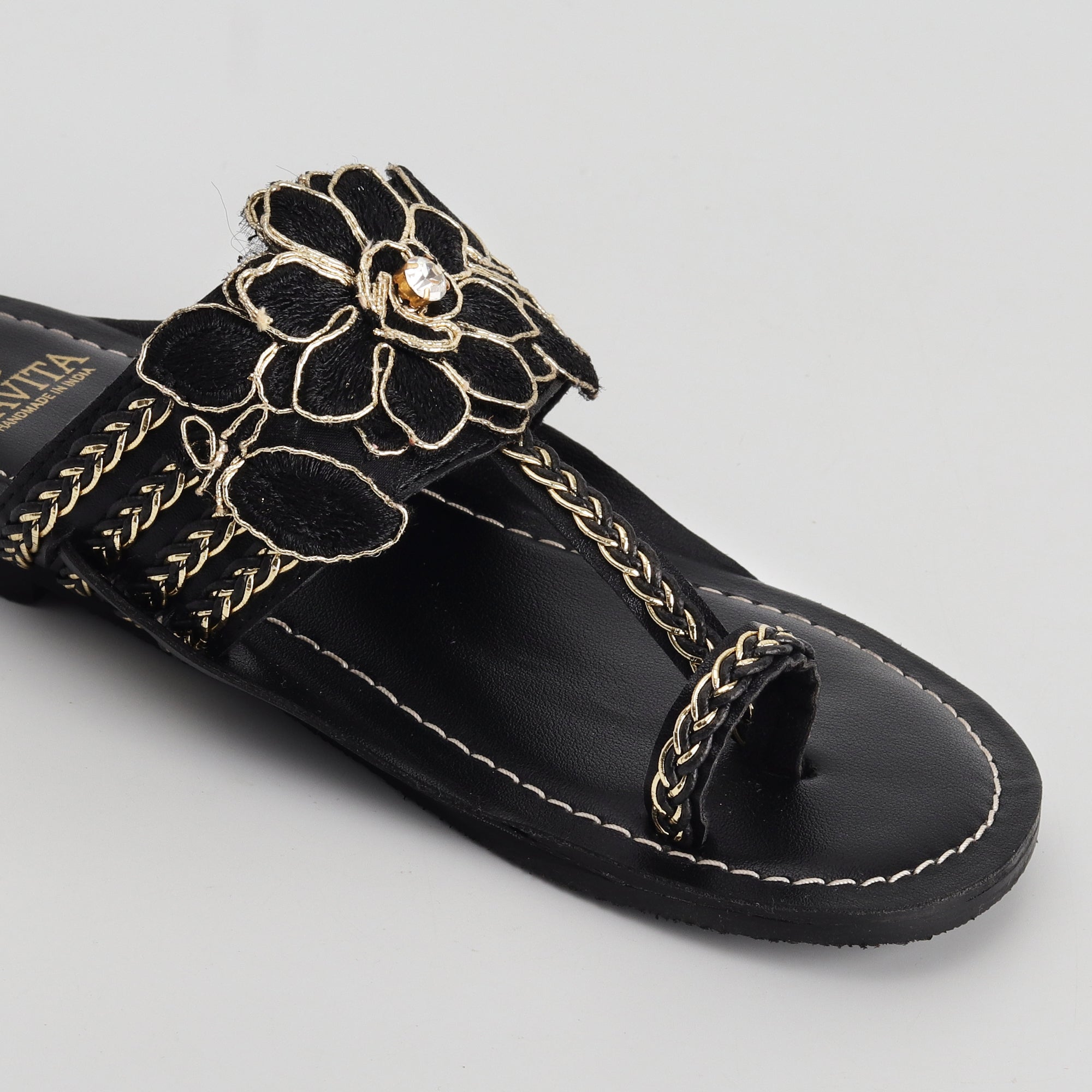 Women’s Black Kolhapuri Chappal with 3D Flower Design - Festive & Party Wear Flats