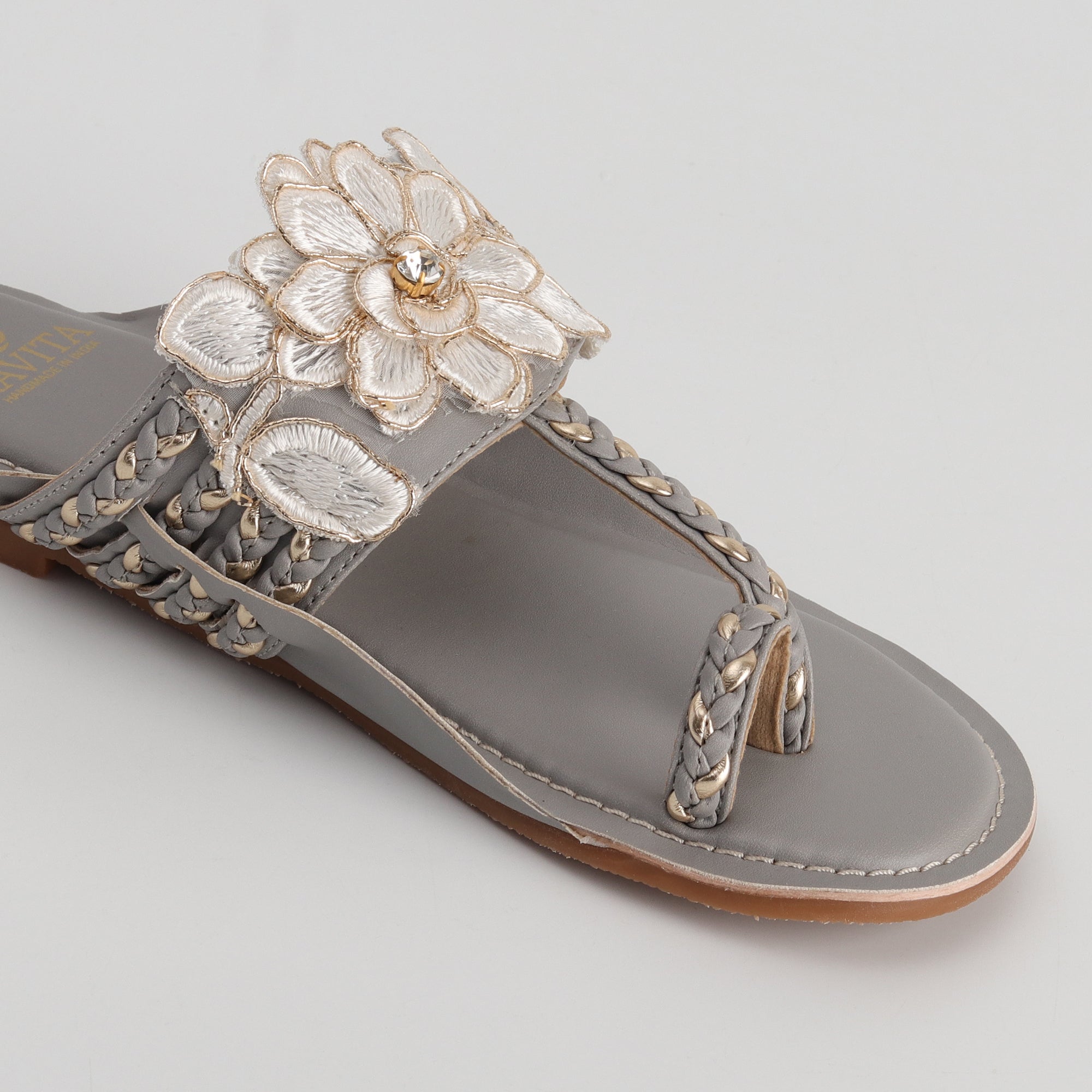 Women’s Grey Kolhapuri Chappal with 3D Flower Design - Festive & Party Wear Flats