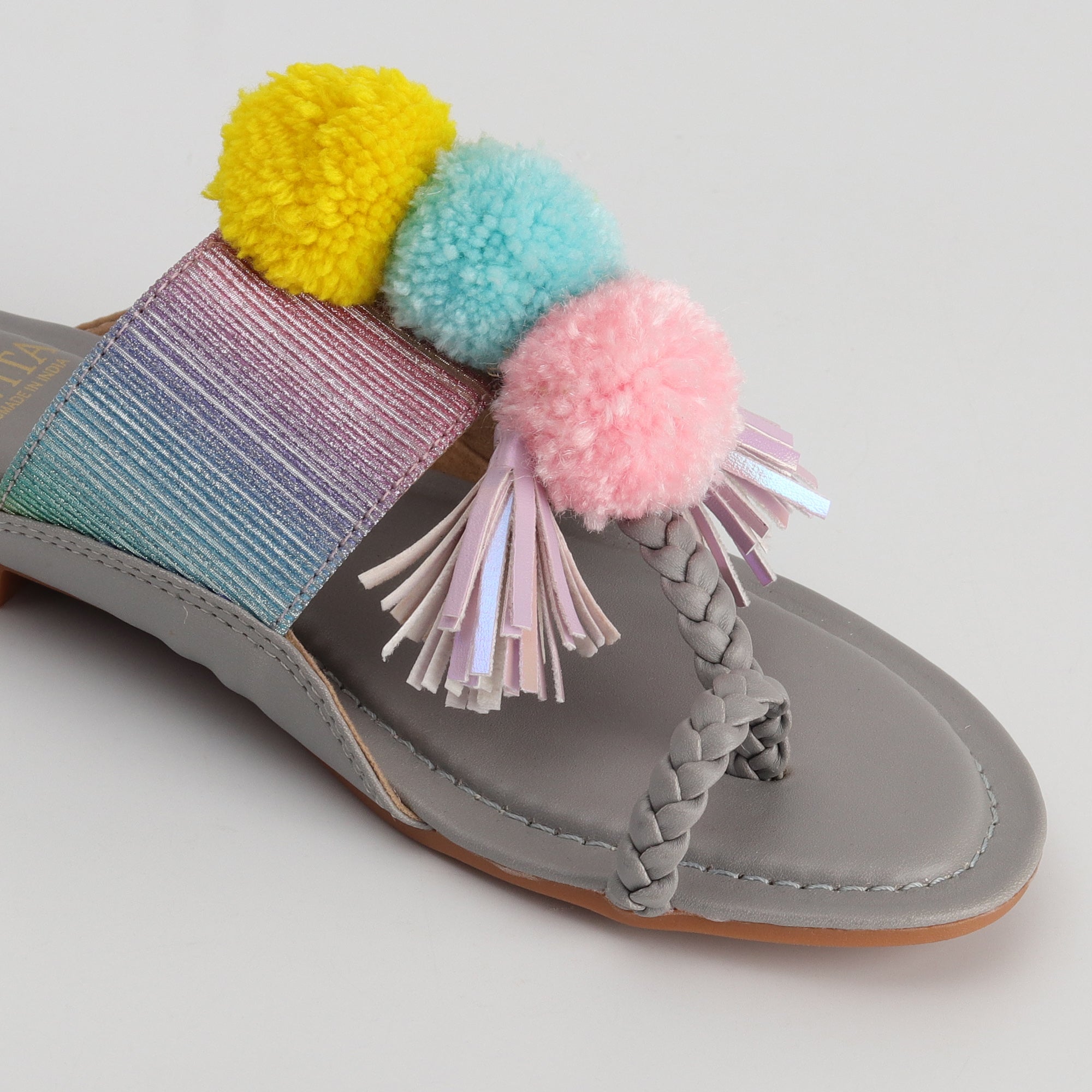 Women’s Kolhapuri Chappal with Multicolor Pompom & Tassels - Festive & Party Wear Sandals