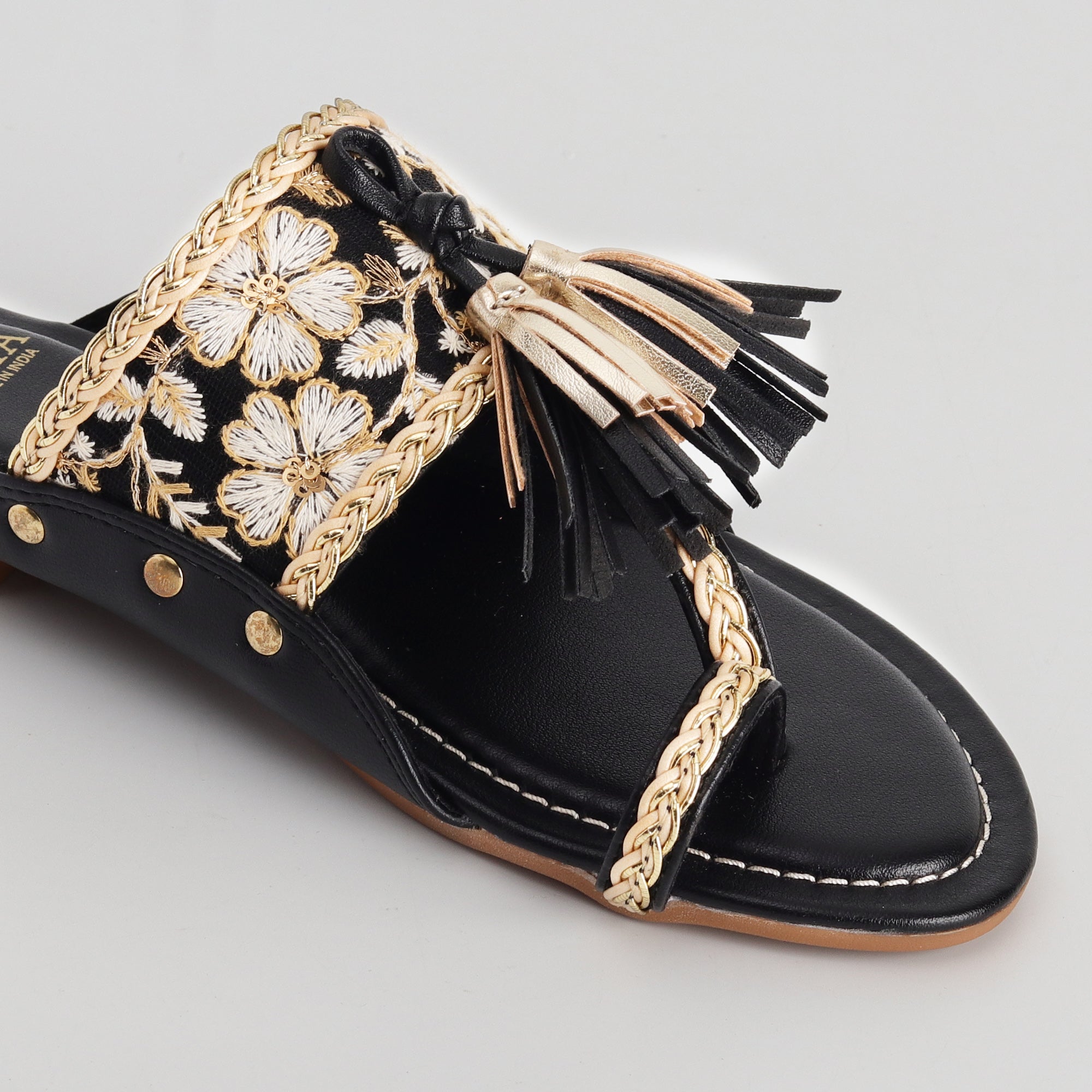 Women’s Kolhapuri Chappal with Black Lace & Floral Embroidery - Ethnic Party Wear Flats