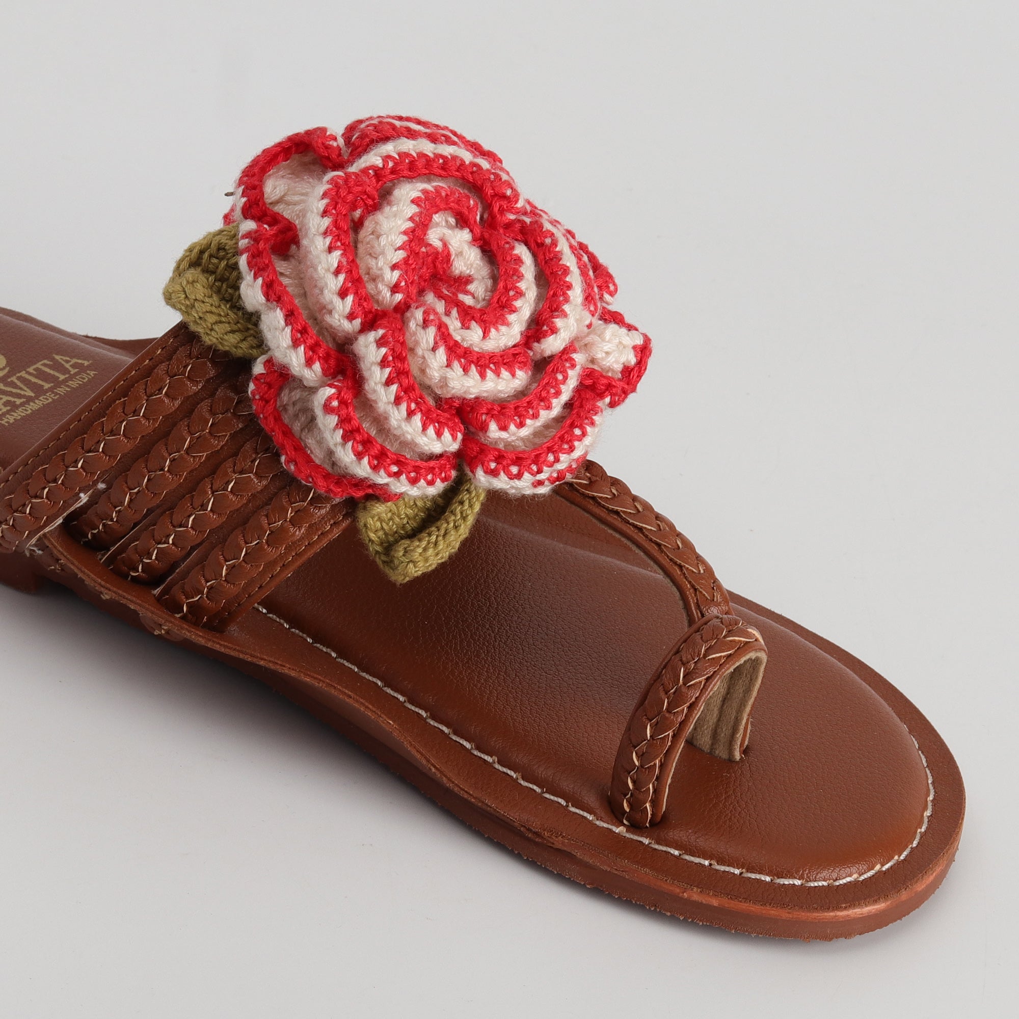 Women’s Kolhapuri Chappal with Crochet Flower - Casual & Party Wear Flats
