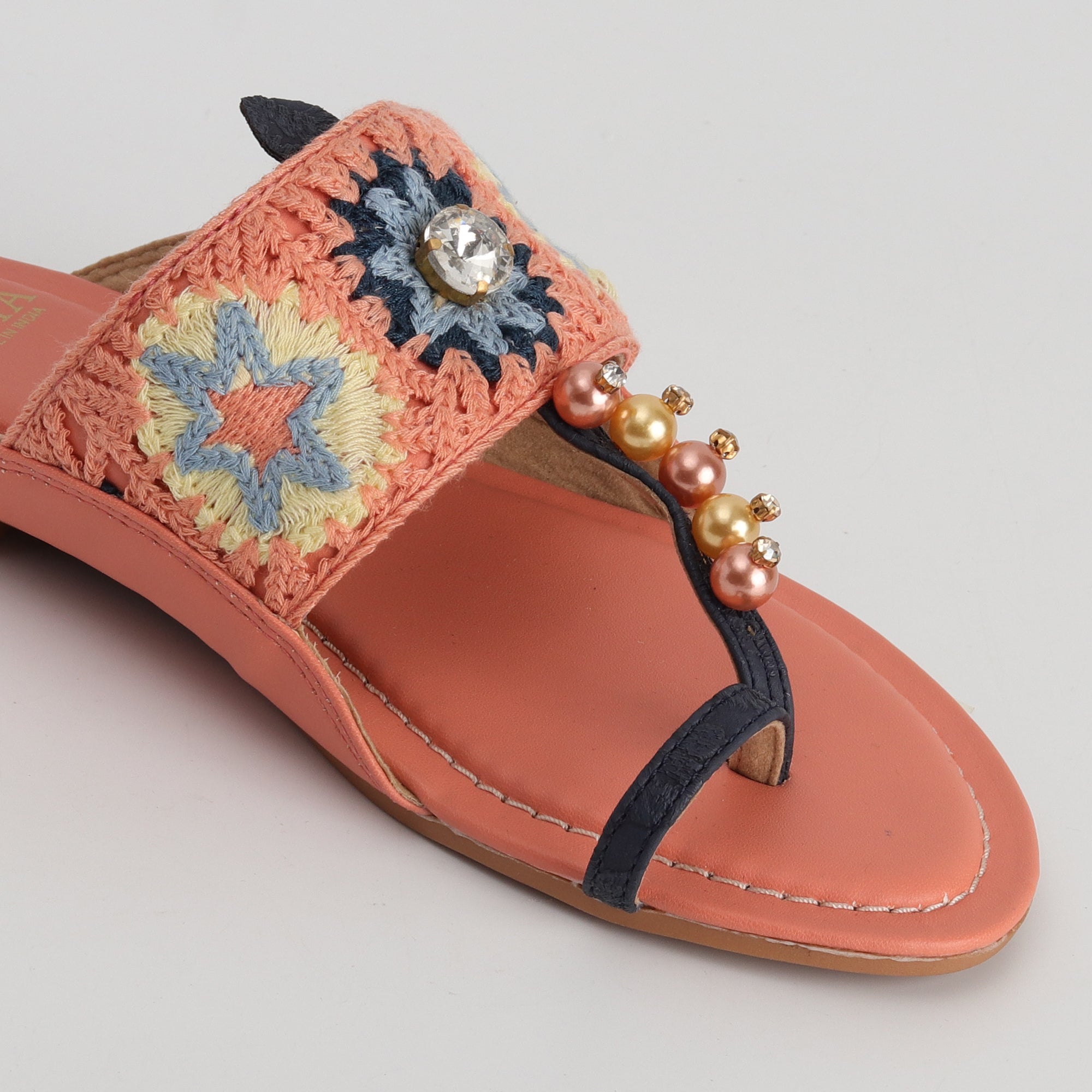 Women’s Kolhapuri Chappal with Crochet Lace & Sparkling bead Work - Ethnic & Party Wear Sandals
