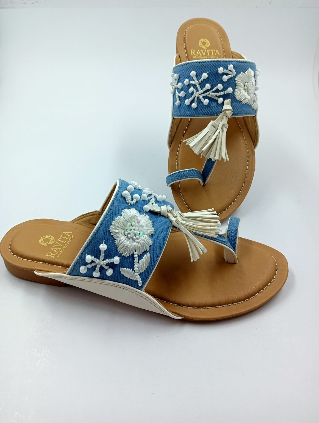 White Floral Embroidered & Beaded Denim Toe-Ring Kolhapuri Chappal