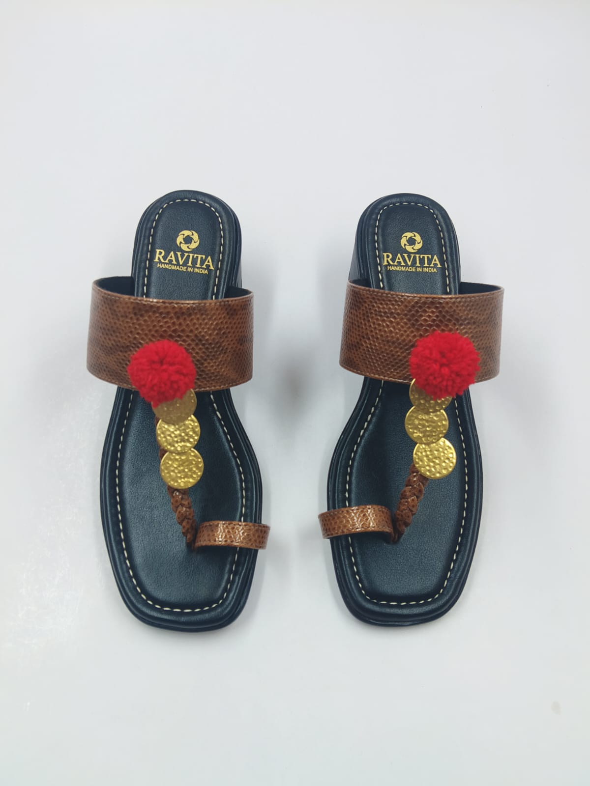 Textured Brown Coin & Pom-Pom Block Heel Sandals