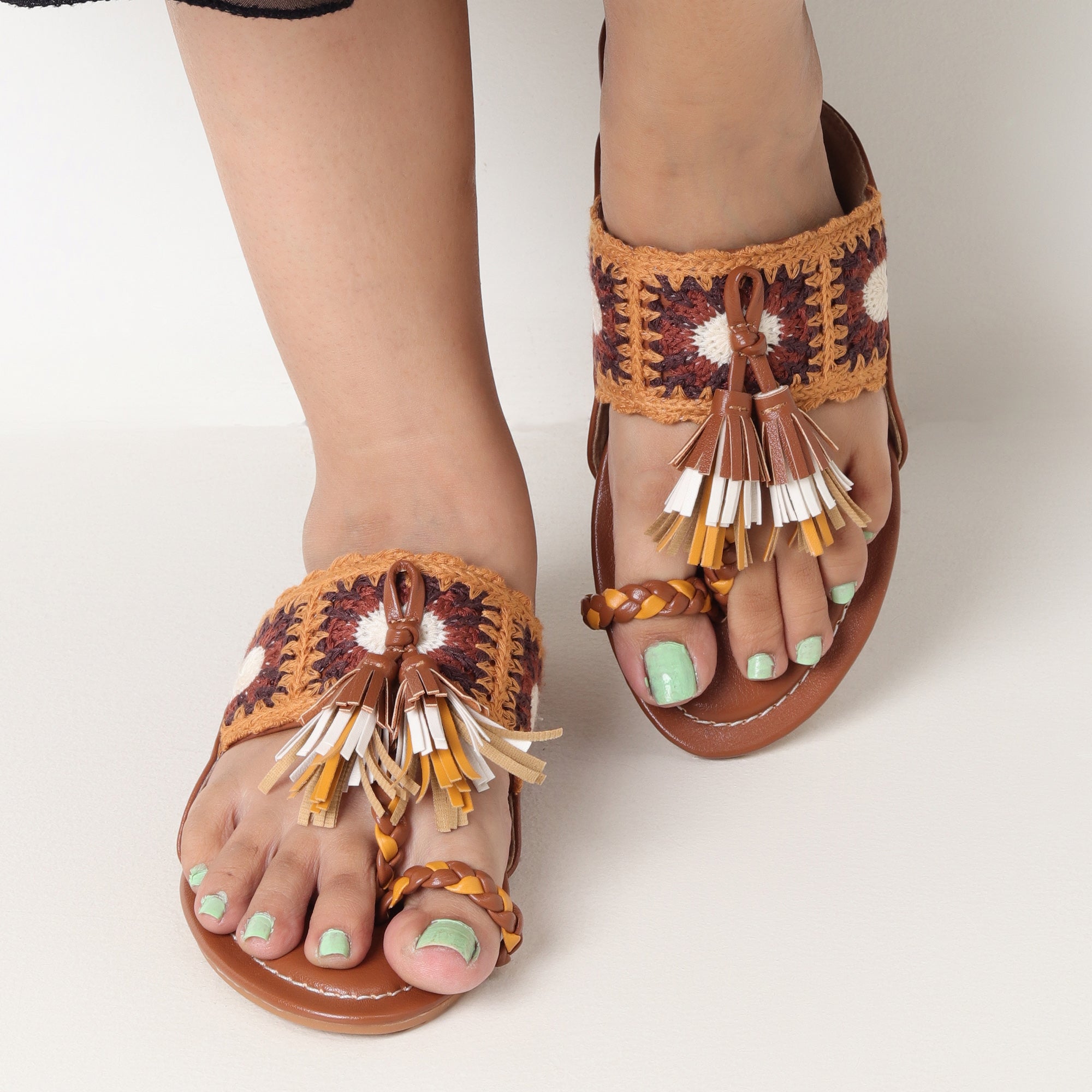 Women’s Kolhapuri Chappal with Crochet Lace Design & Tassels - Festive & Ethnic Wear Sandals