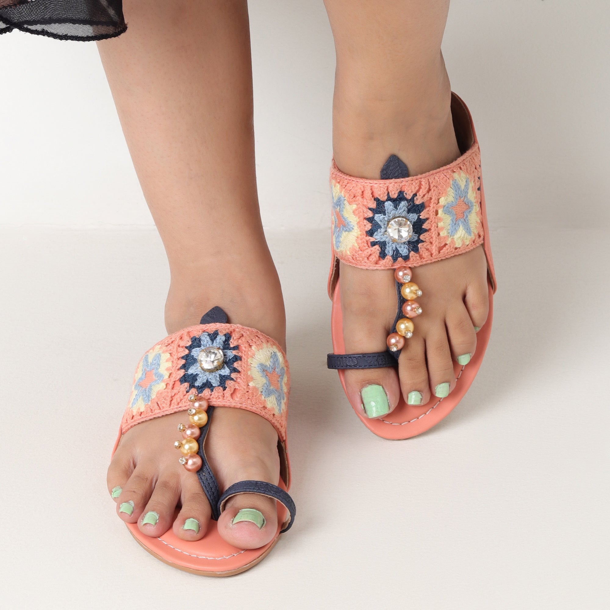Women’s Kolhapuri Chappal with Crochet Lace & Sparkling bead Work - Ethnic & Party Wear Sandals