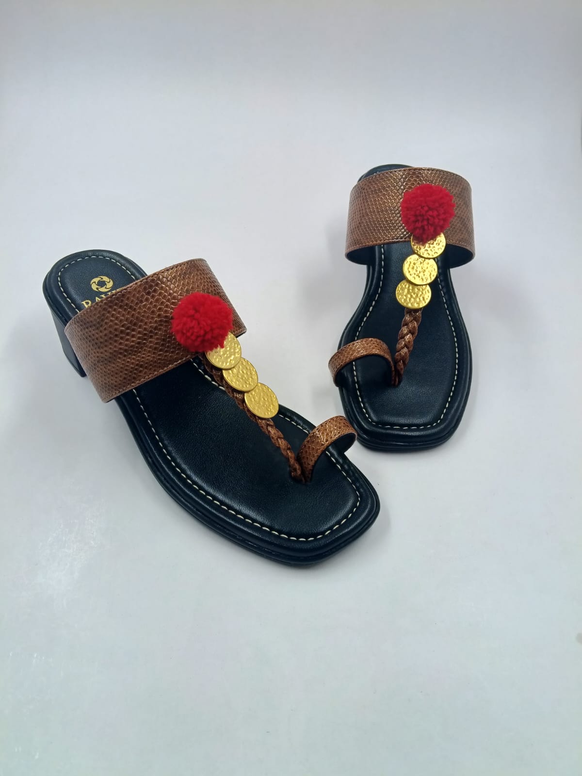 Textured Brown Coin & Pom-Pom Block Heel Sandals