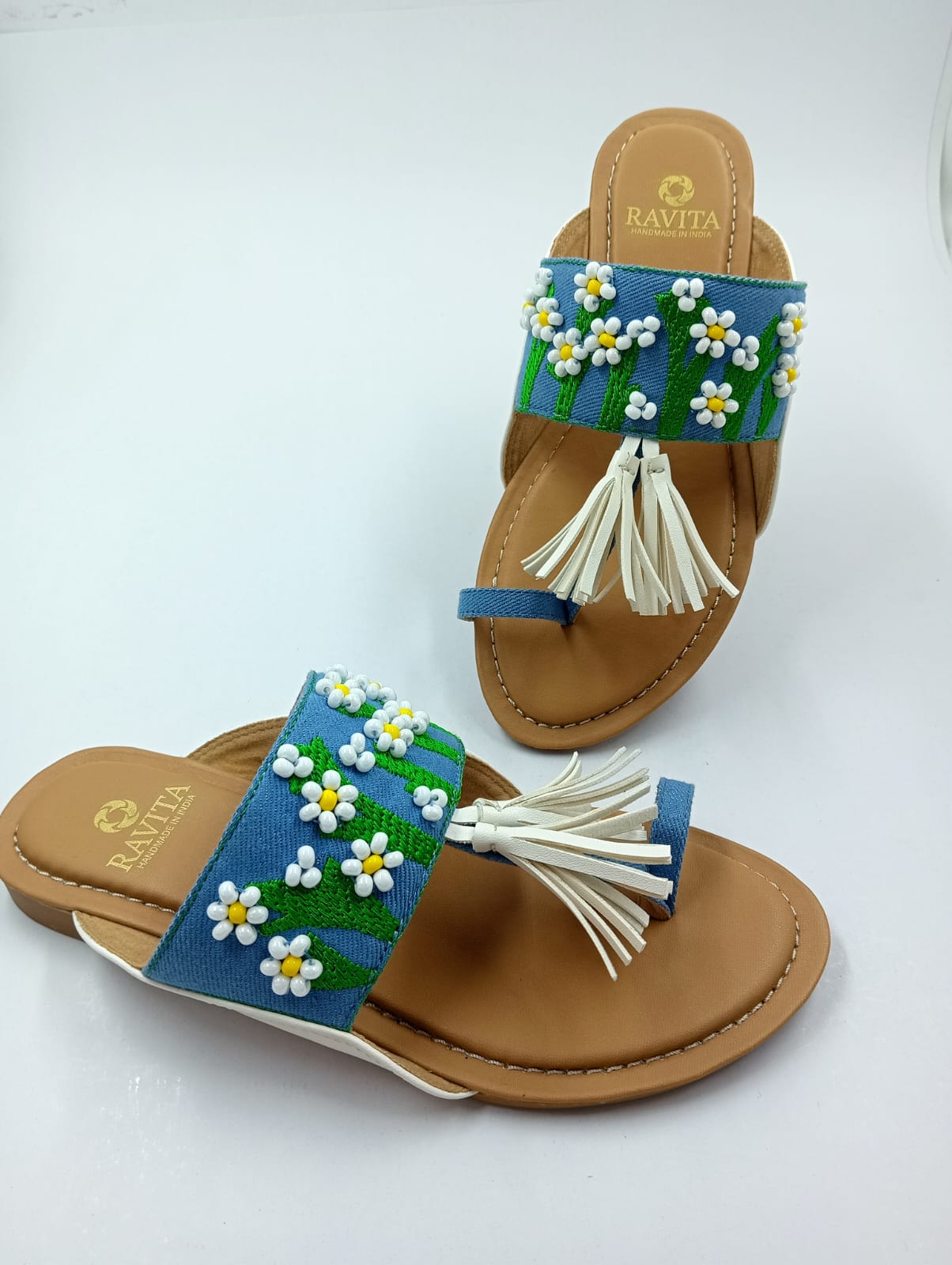 Beaded white daisy Denim Kolhapuri Chappal