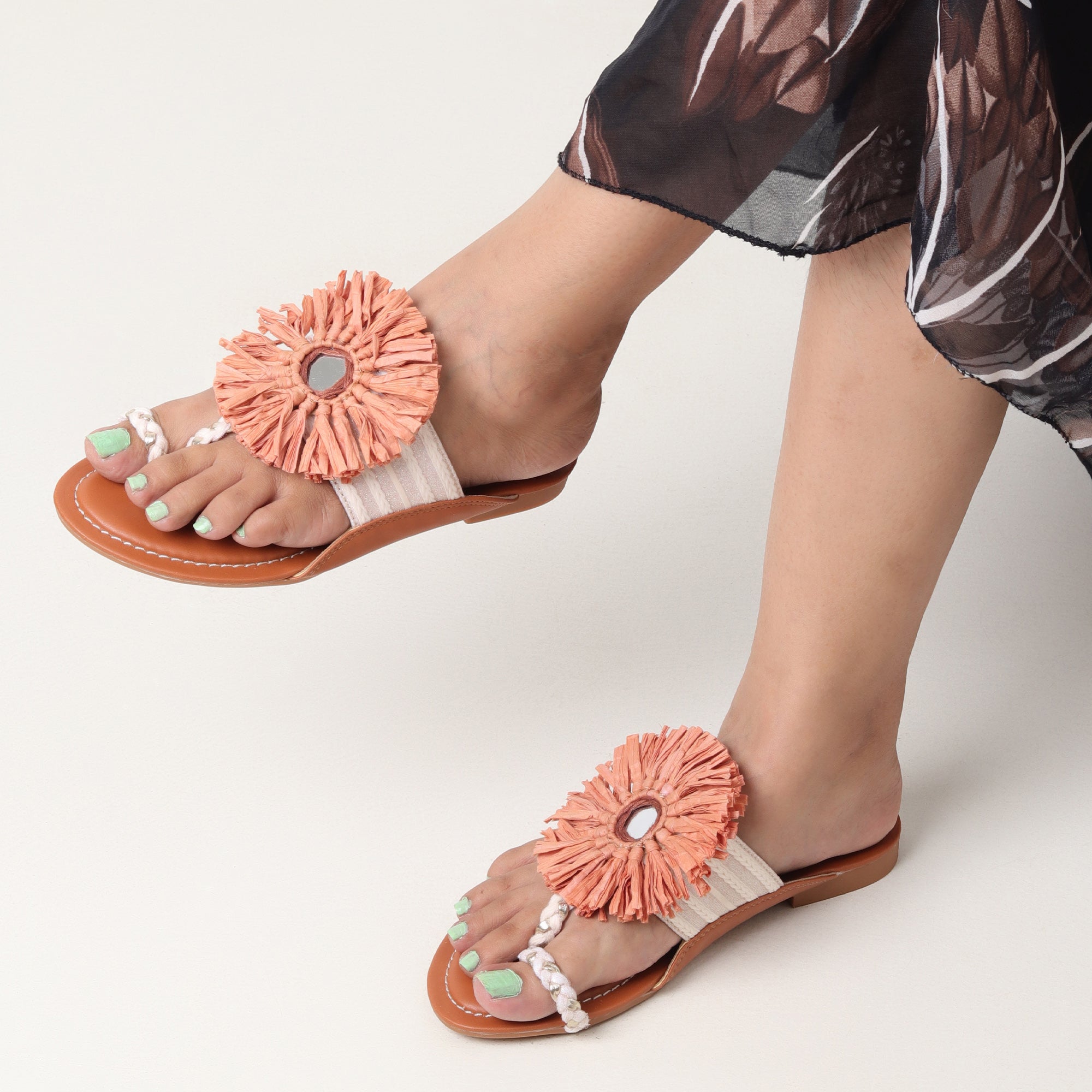 Women’s Kolhapuri Chappal with Surya Style Embellished Mirror - Casual & Party Wear Flats