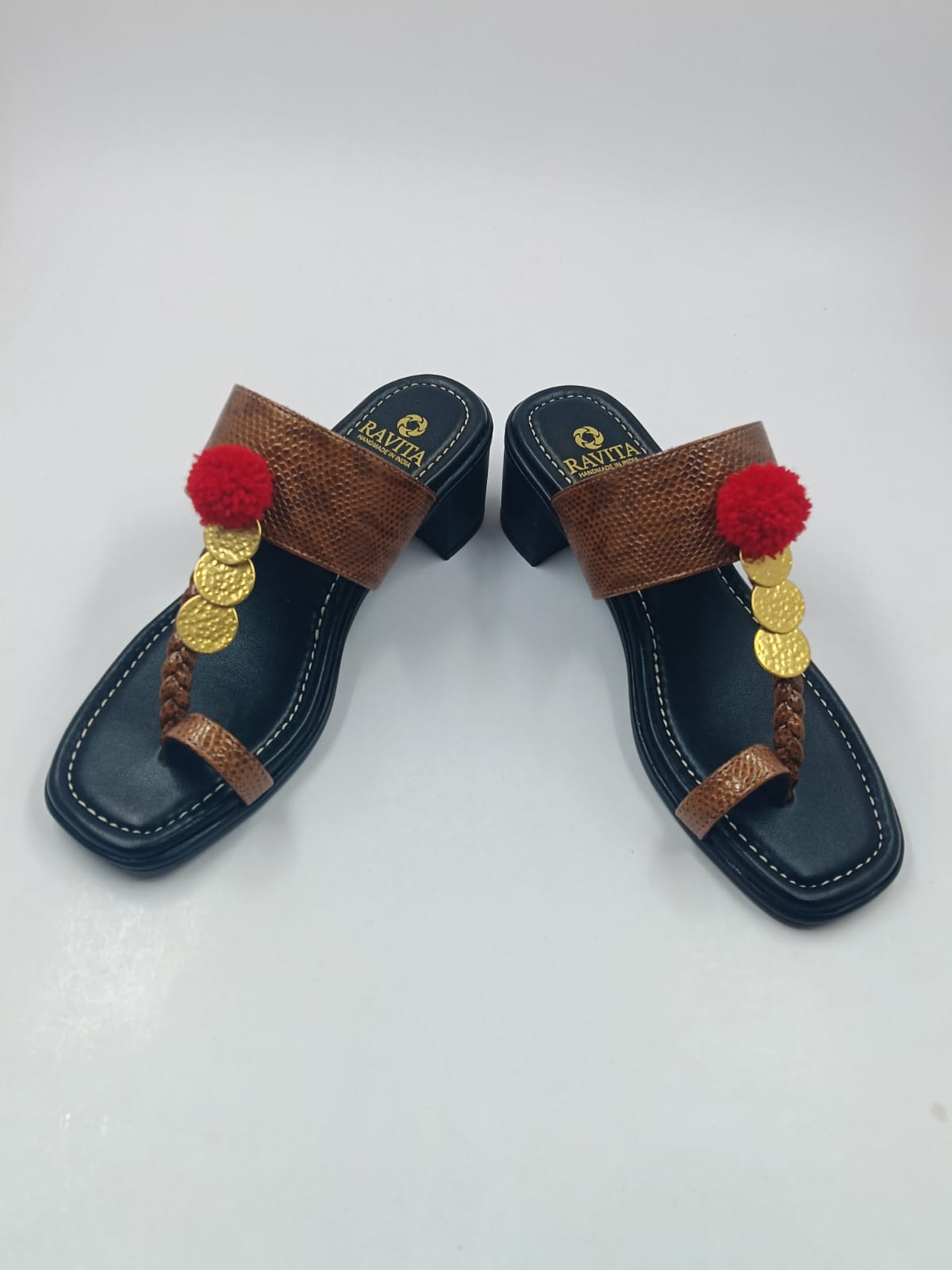 Textured Brown Coin & Pom-Pom Block Heel Sandals