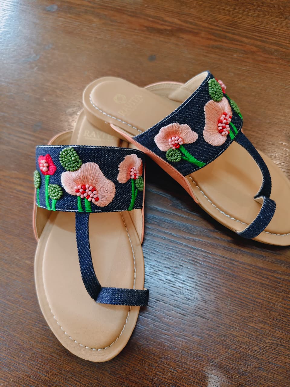 Multi-Color Floral Embroidered Dark Denim Toe-Ring Kolhapuri Chappal