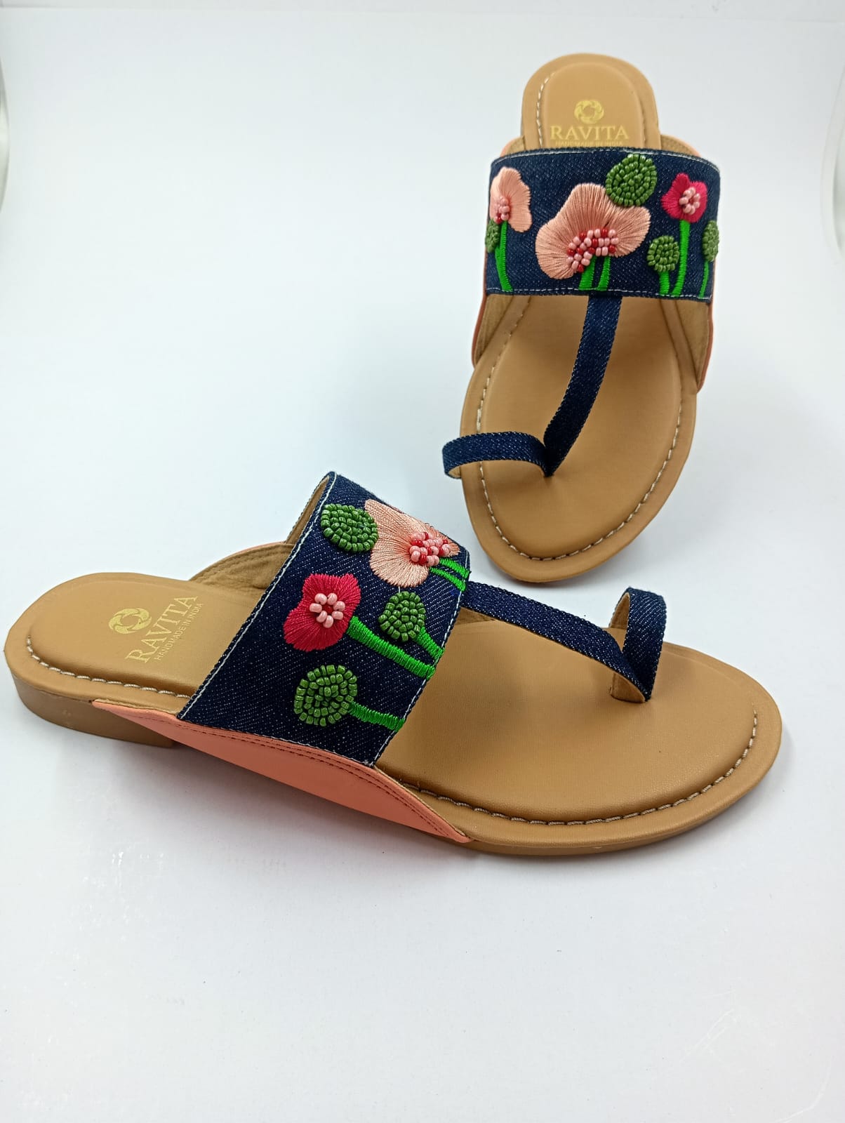 Multi-Color Floral Embroidered Dark Denim Toe-Ring Kolhapuri Chappal