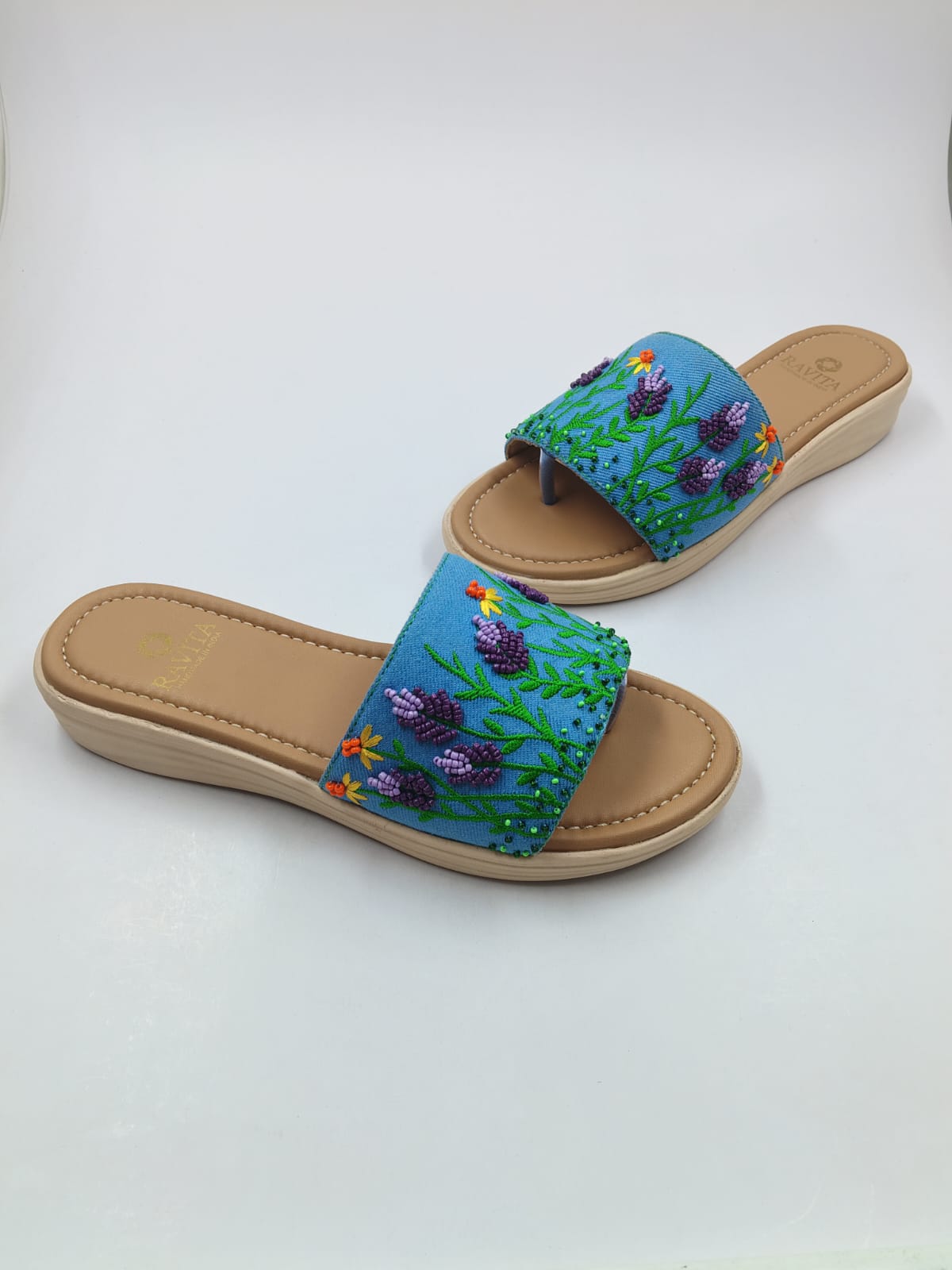 Lavender Floral Embroidered Denim Toe-Thong Sandals