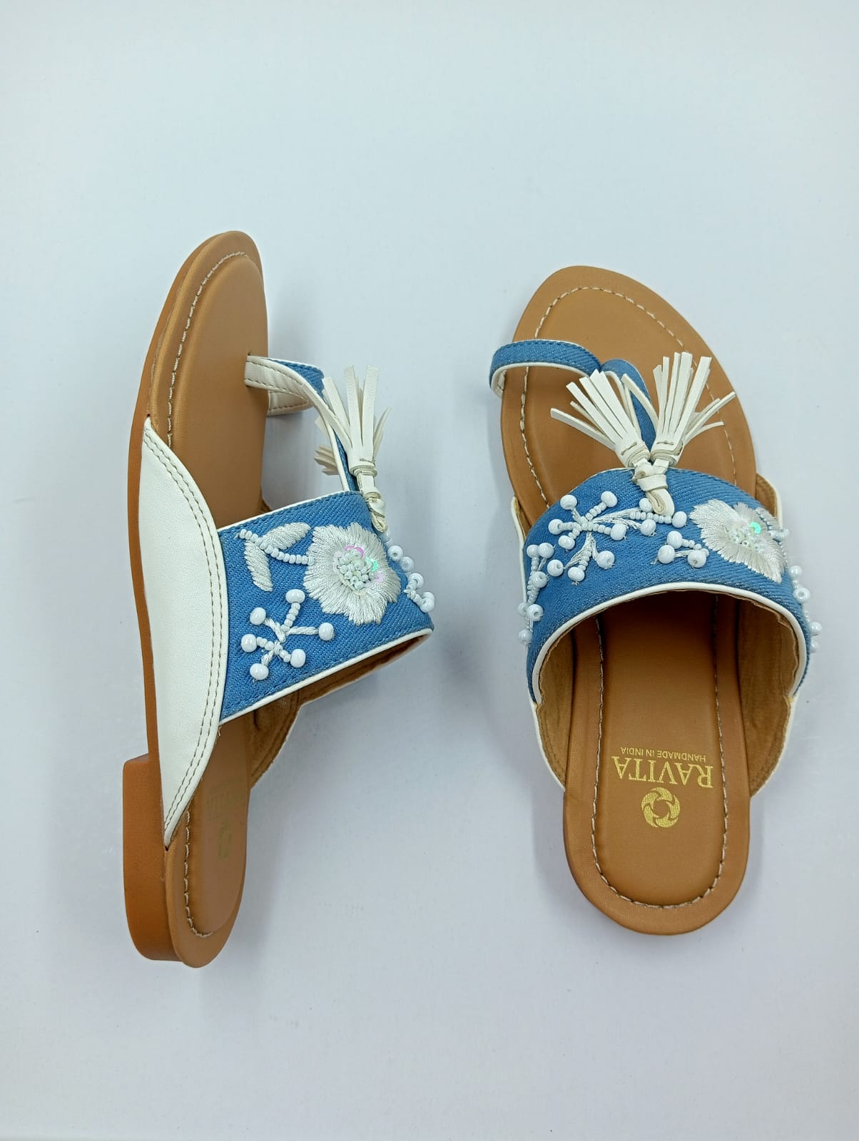 White Floral Embroidered & Beaded Denim Toe-Ring Kolhapuri Chappal