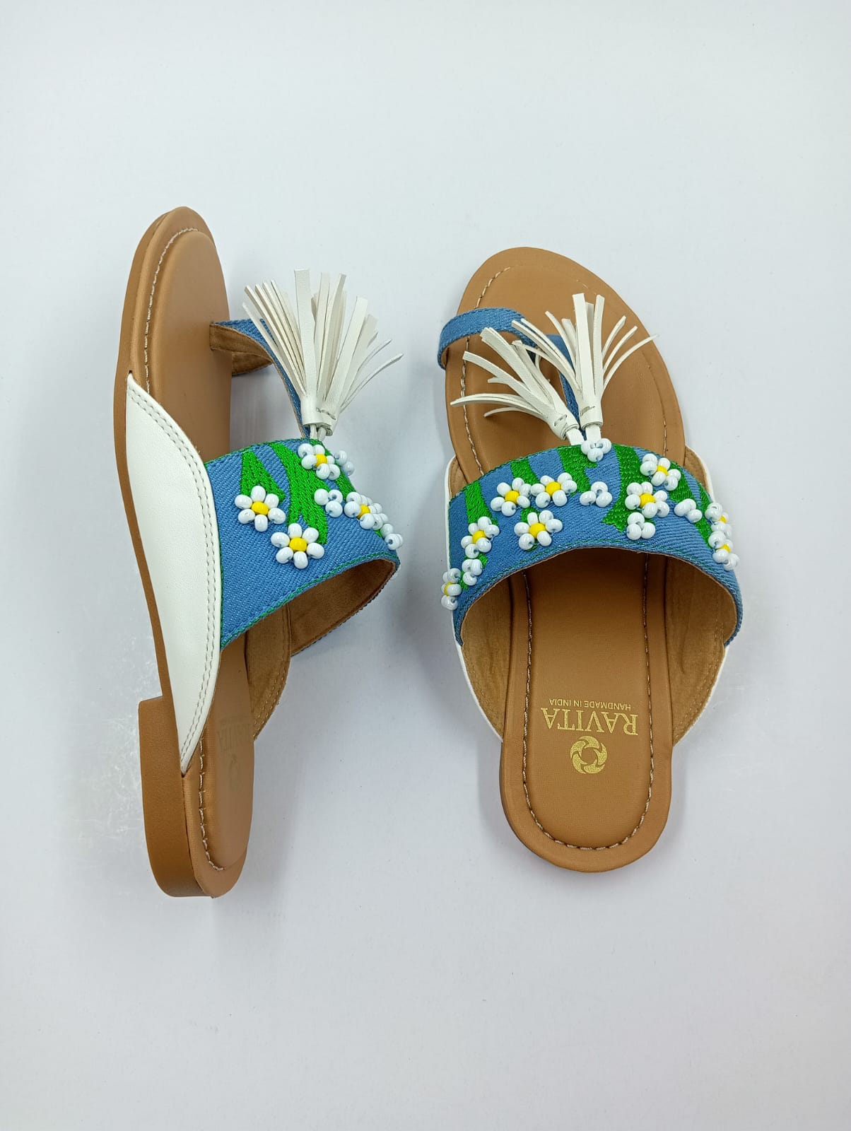 Beaded white daisy Denim Kolhapuri Chappal
