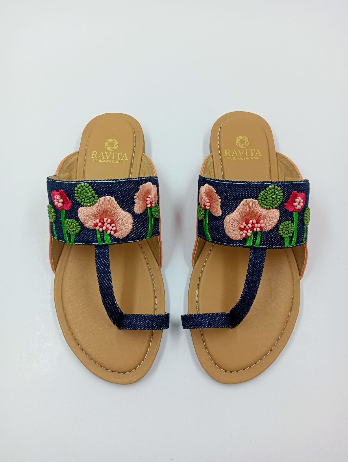 Multi-Color Floral Embroidered Dark Denim Toe-Ring Kolhapuri Chappal